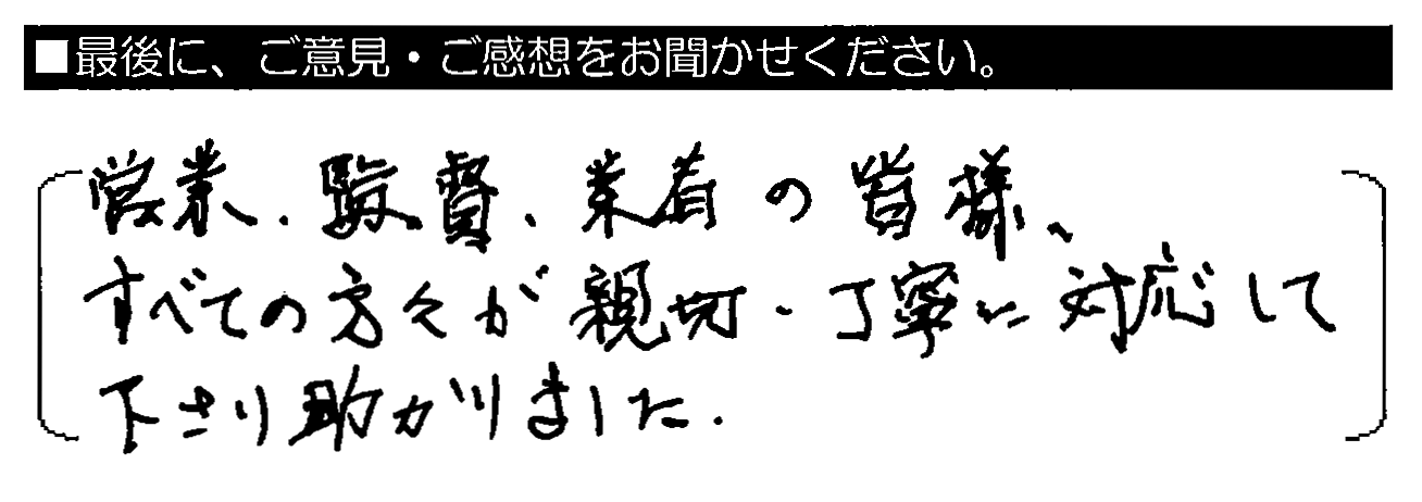 営業・監督・業者の皆様、すべての方々が親切・丁寧に対応して下さり助かりました。