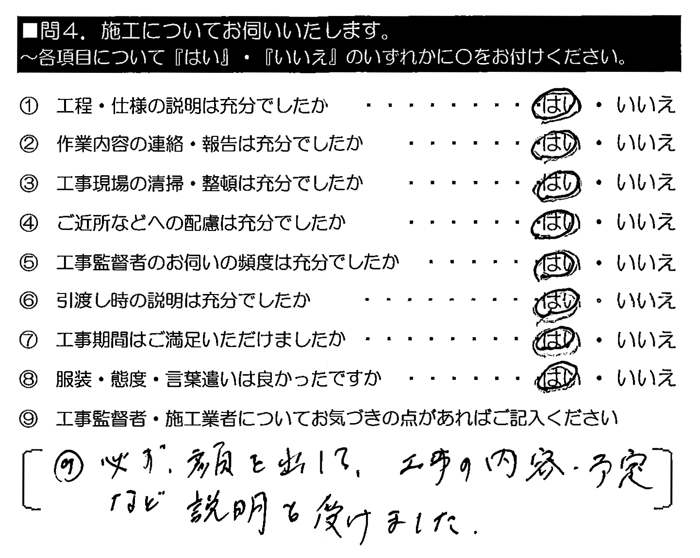 （工事監督者・施工業者は）必ず顔を出して、工事の内容・予定など説明を受けました。