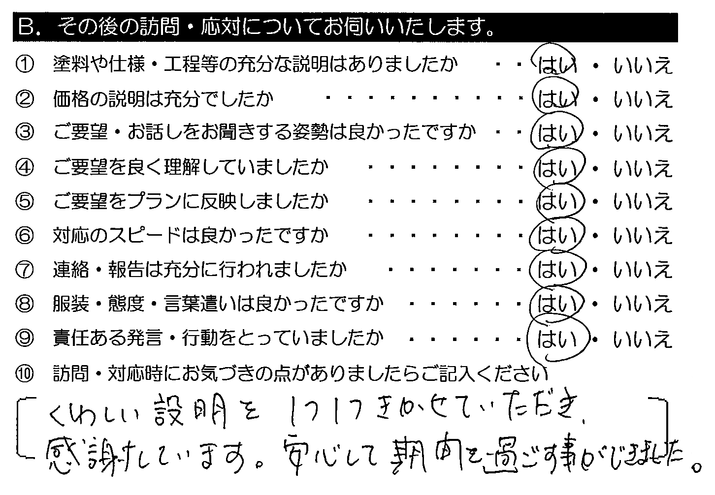 くわしい説明を1つ1つきかせていただき、感謝しています。安心して期間を過ごす事ができました。