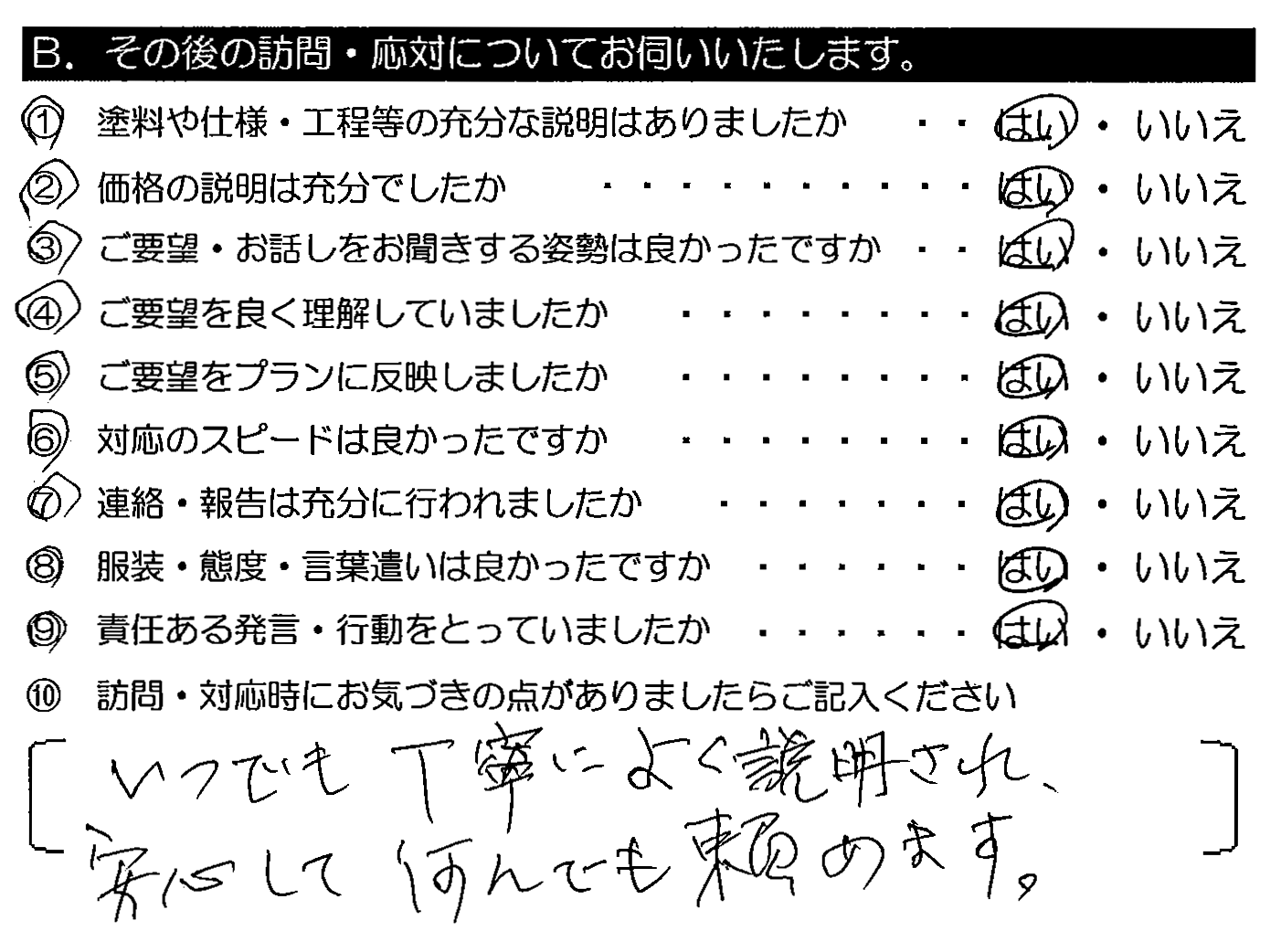 いつでも丁寧によく説明され、安心して何でも頼めます。