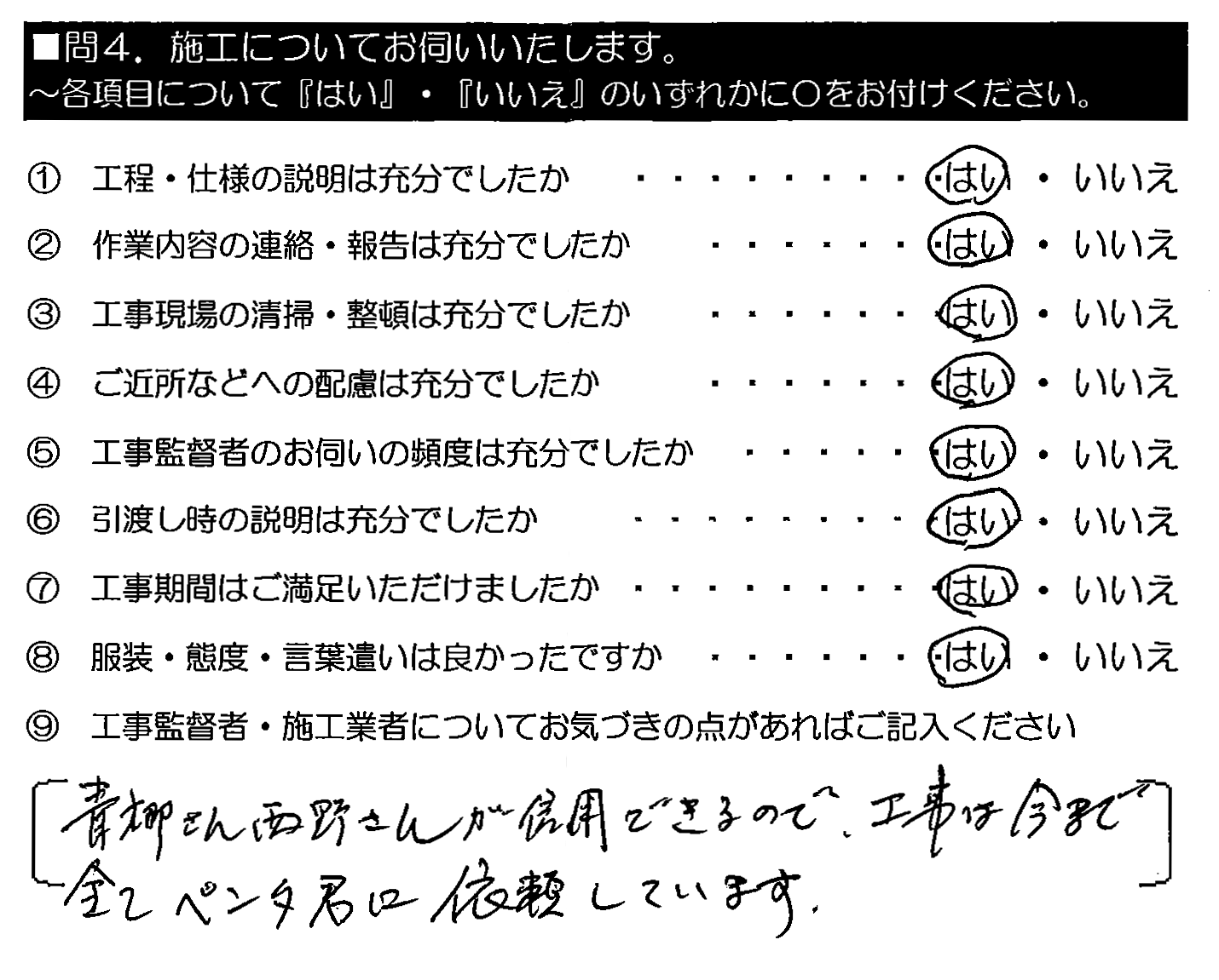 青柳さん・西野さんが信用できるので、工事は今まで全てペンタくんに依頼しています。