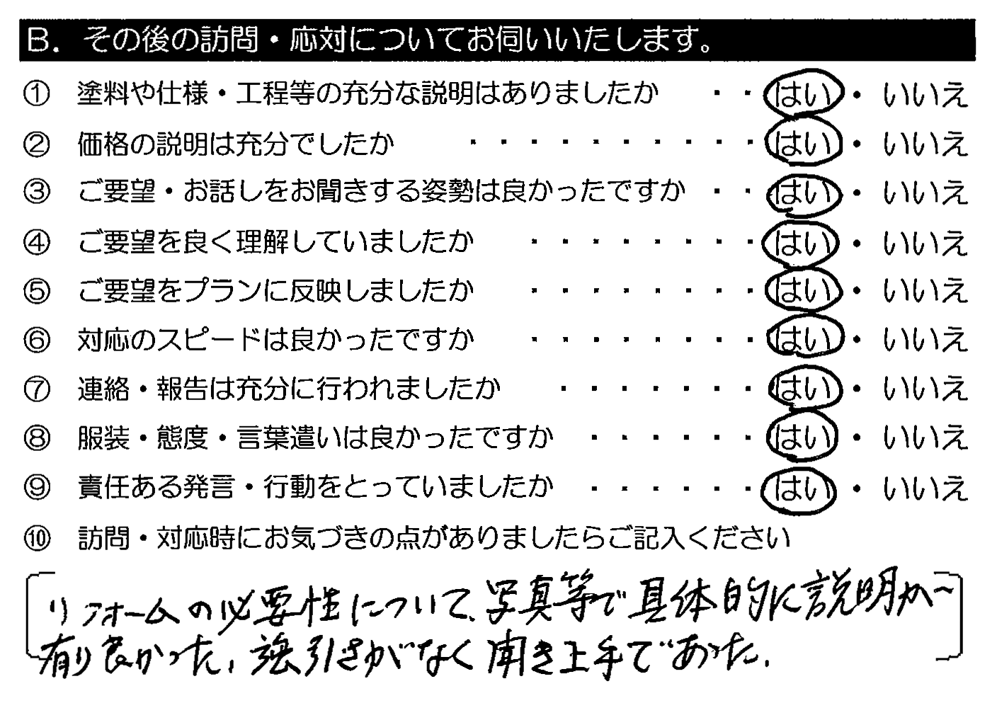 リフォームの必要性について、写真等で具体的に説明が有り良かった。強引さがなく聞き上手であった。