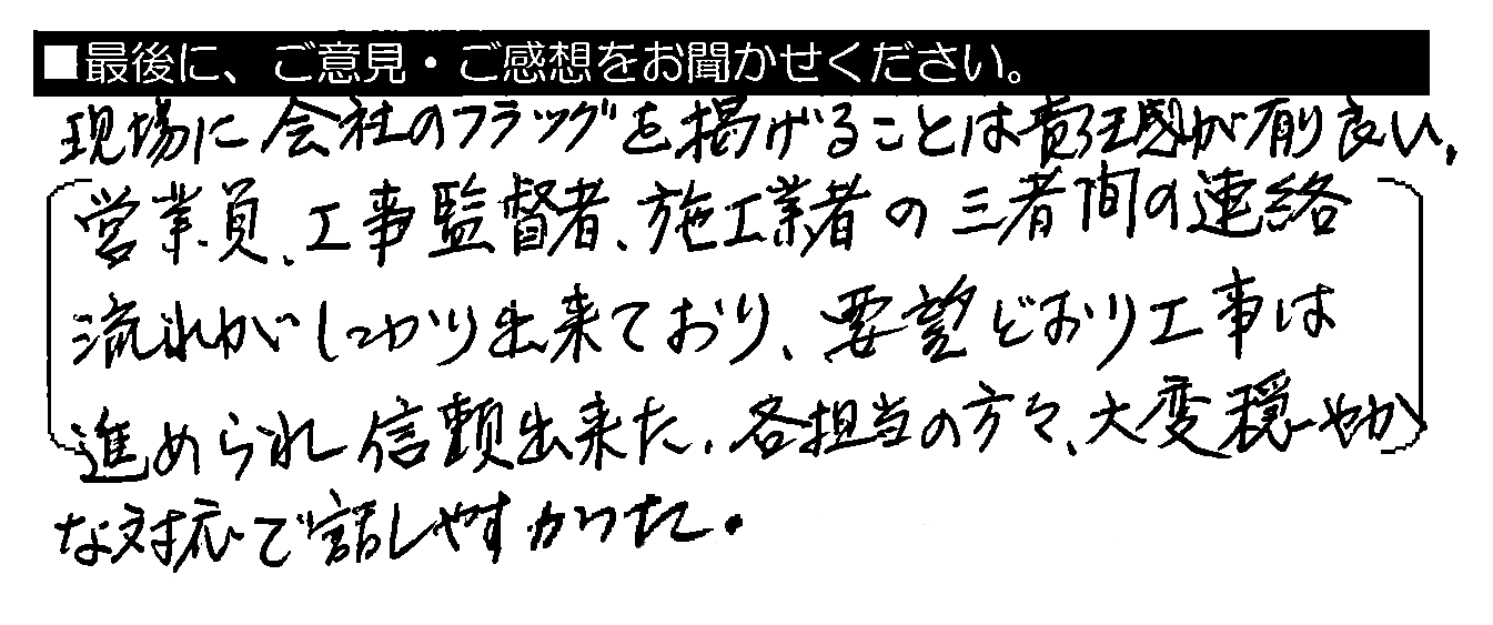 途中トラブルがあり工事を中断させてしまい、大変ご迷惑をおかけしましたが、親切・丁寧に対応して下さいました。ありがとうございました！！また、何かの時にはご相談させて頂きます。現場に会社のフラッグを掲げることは責任感が有り良い。営業員・工事監督者・施工業者の三者間の連絡・流れがしっかり出来ており、要望どおり工事は進められ信頼出来た。各担当の方々、大変穏やかな対応で話しやすかった。