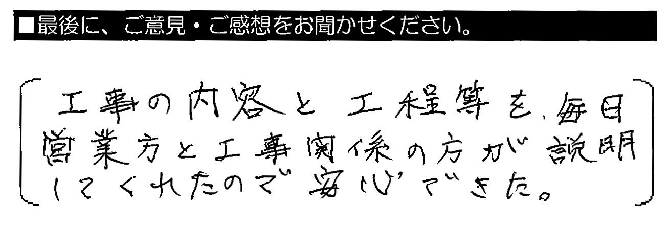 工事の内容と工程等を、毎日営業の方と工事関係の方が説明してくれたので安心できた。