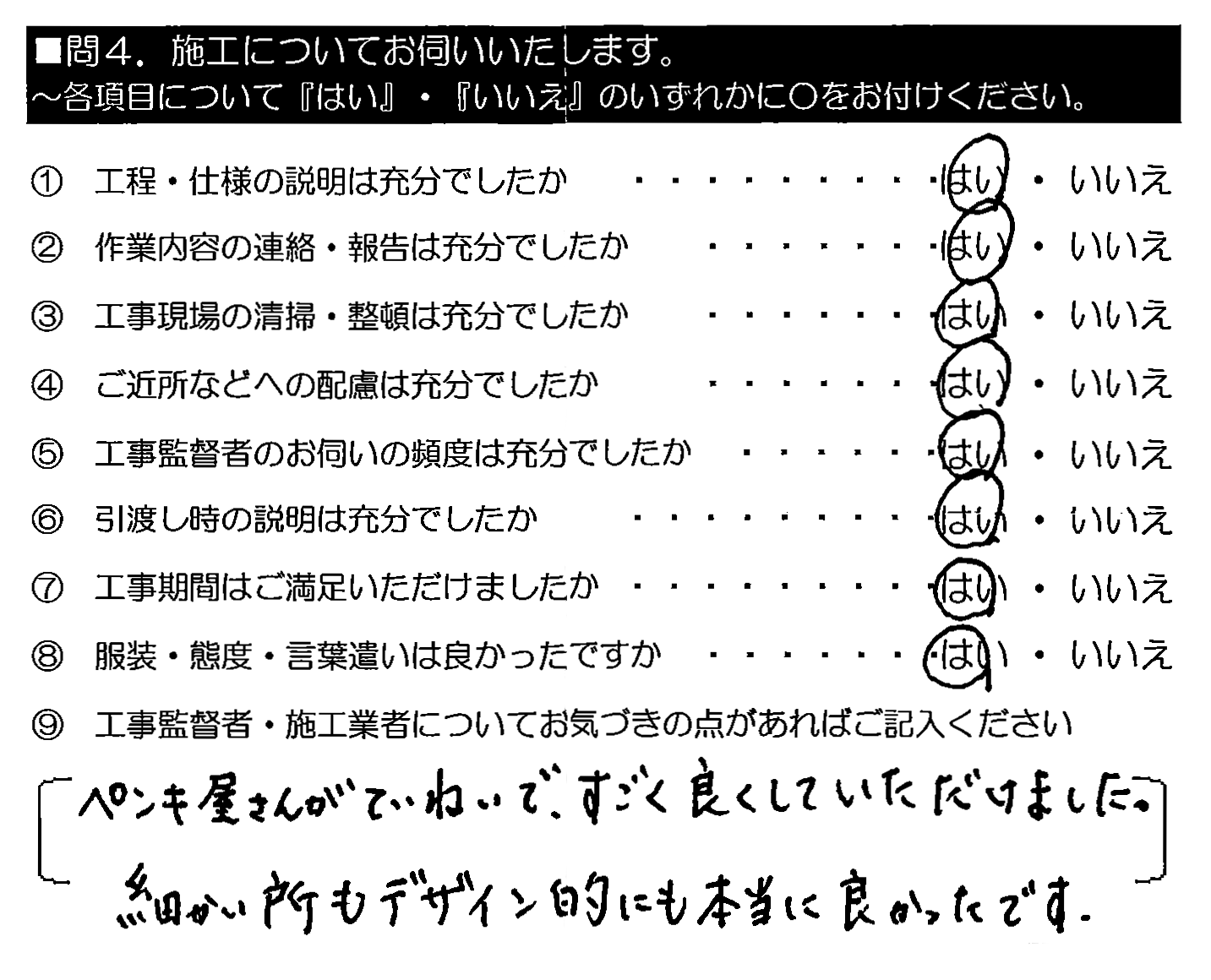 ペンキ屋さんがていねいで、すごく良くしていただけました。細かい所もデザイン的にも本当に良かったです。