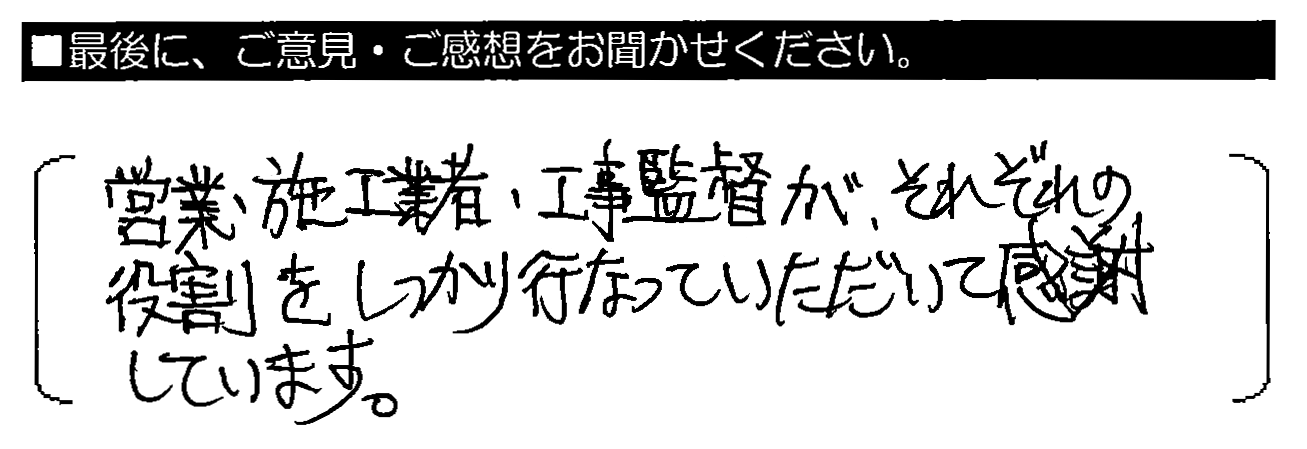 営業・施工業者・工事監督が、それぞれの役割をしっかり行っていただいて感謝しています。