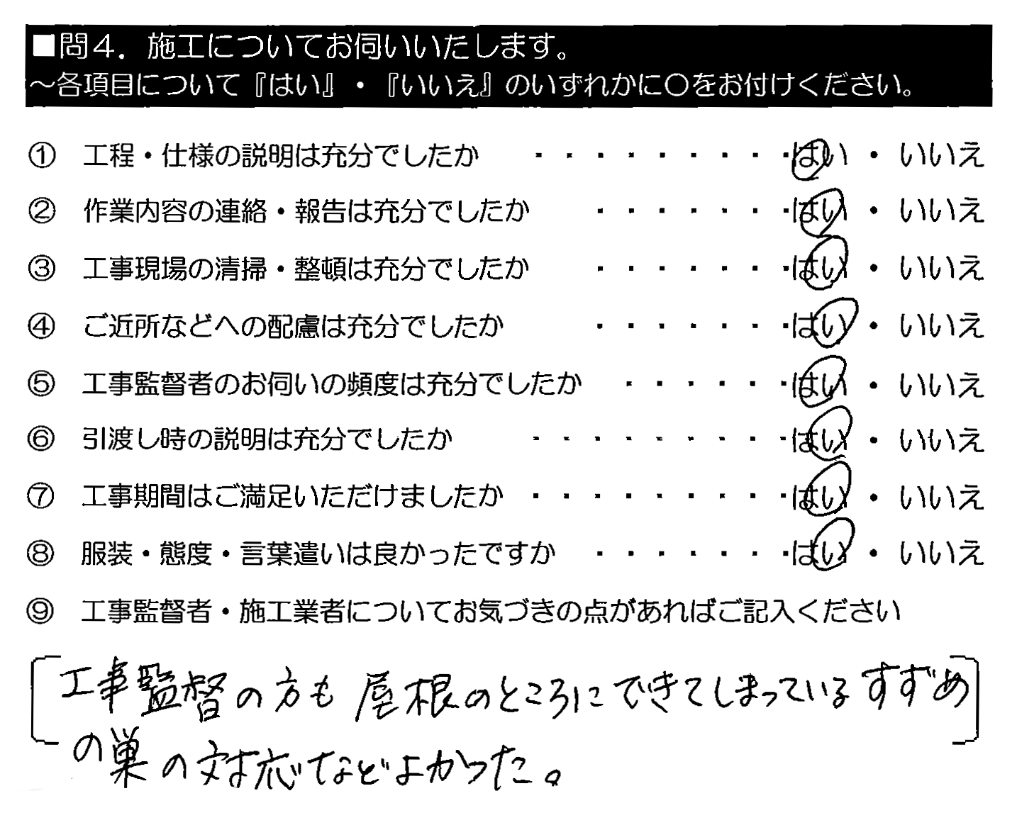 工事監督の方も屋根のところにできてしまっているすずめの巣の対応などよかった。