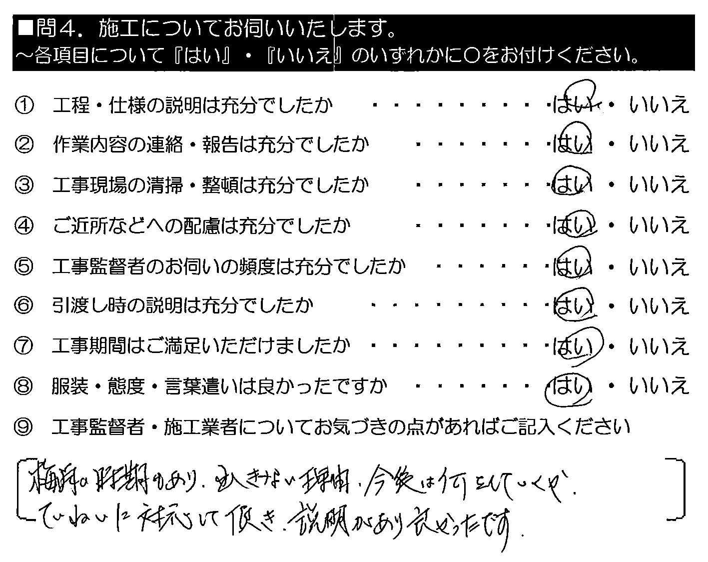 梅雨の時期もあり、出きない理由・今後は何をしていくか、ていねいに対応して頂き、説明があり良かったです。