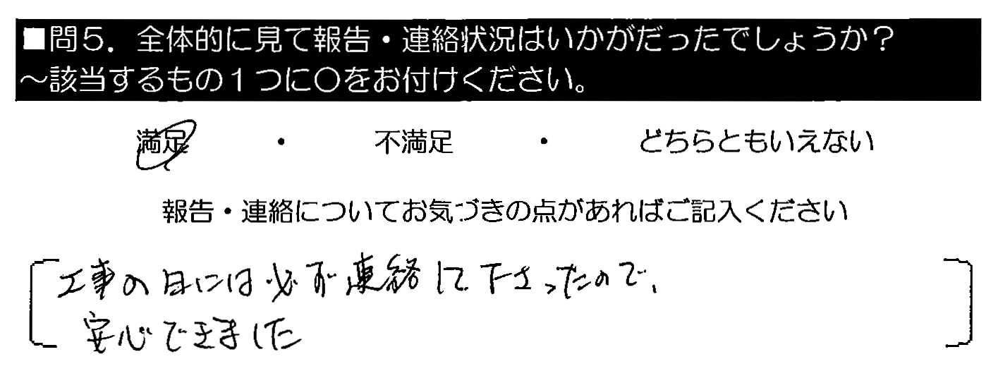 工事の日には必ず連絡して下さったので、安心できました。