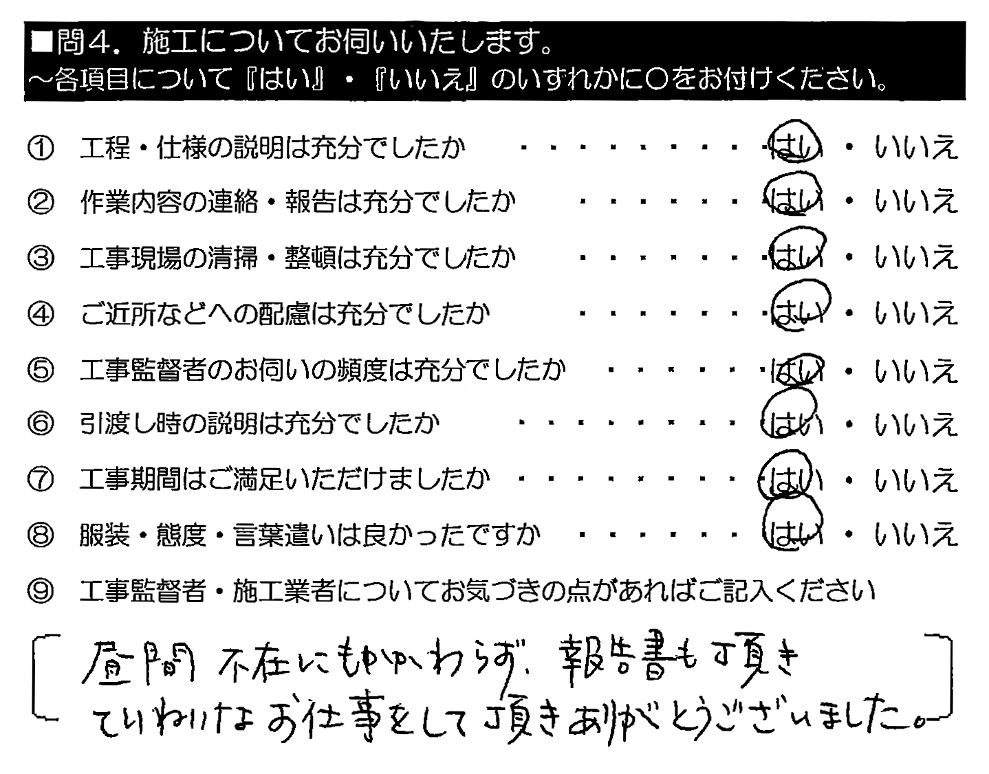 昼間不在にもかかわらず、報告書も頂きていねいなお仕事をして頂きありがとうございました。