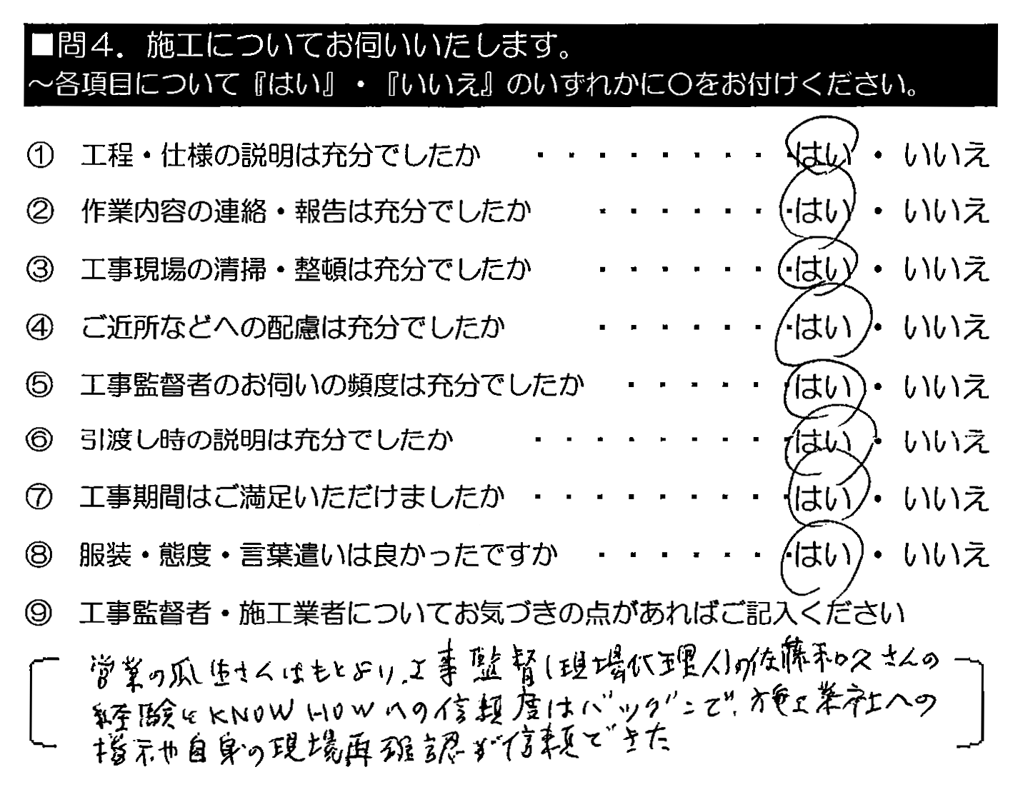 営業の瓜生さんはもとより、工事監督（現場代理人）の佐藤和久さんの経験とKNOW-HOWへの信頼度はバツグンで、施工業者への指示や自身の現場再確認が信頼できた。