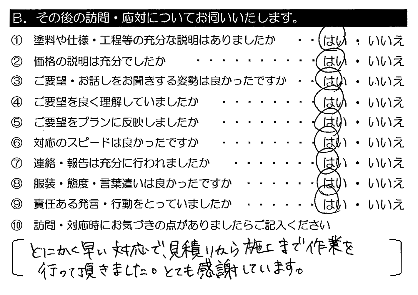 とにかく早い対応で、見積りから施工まで作業を行って頂きました。とても感謝しています。