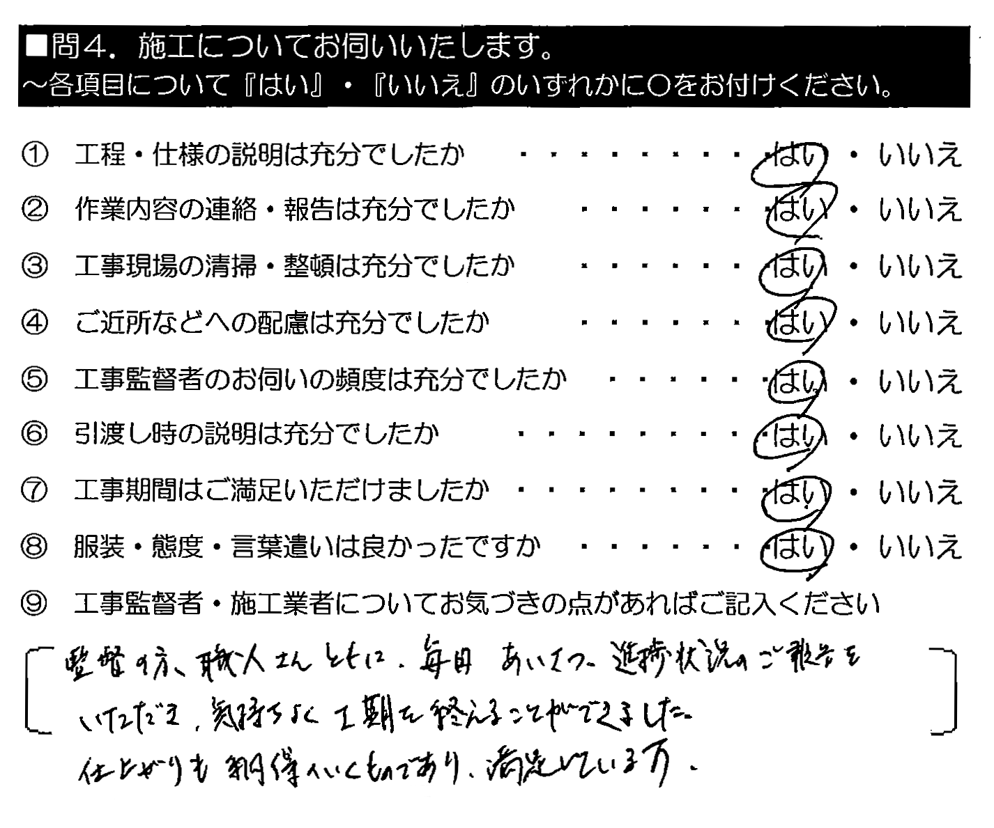 監督の方・職人さんともに、毎日あいさつ・進捗状況のご報告をいただき、気持ちよく工期を終えることができました。仕上がりも納得のいくものであり満足しています。