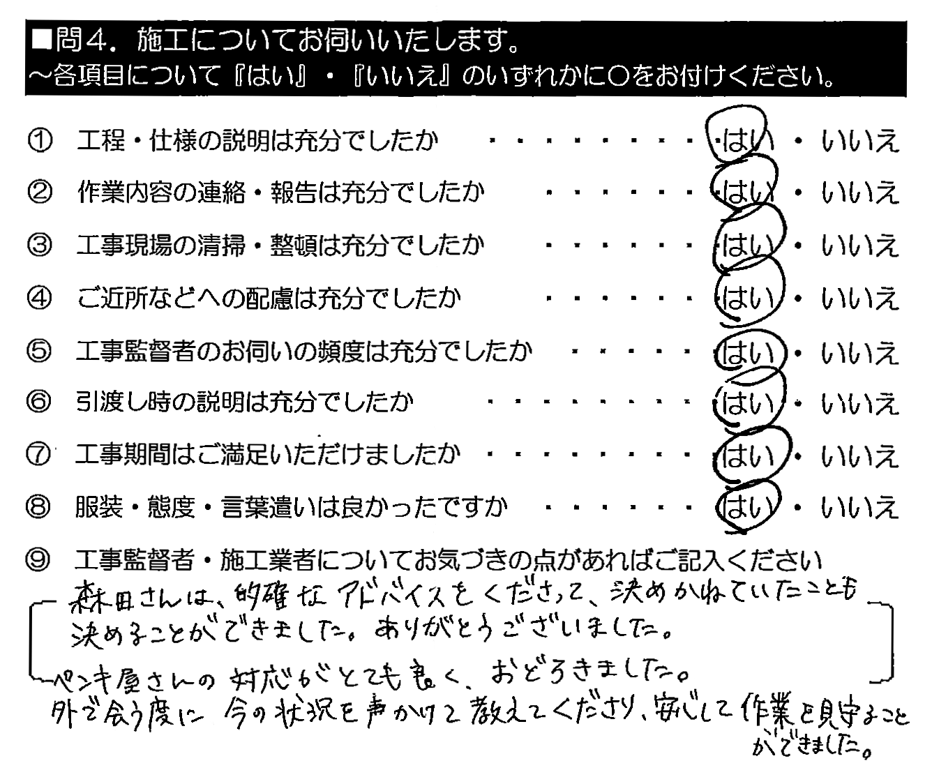 森田さんは的確なアドバイスをくださって、決めかねていたことも決めることができました。ありがとうございました。ペンキ屋さんの対応がとても良く、おどろきました。外で会う度に今の状況を声かけて教えてくださり、安心して作業を見守ることができました。