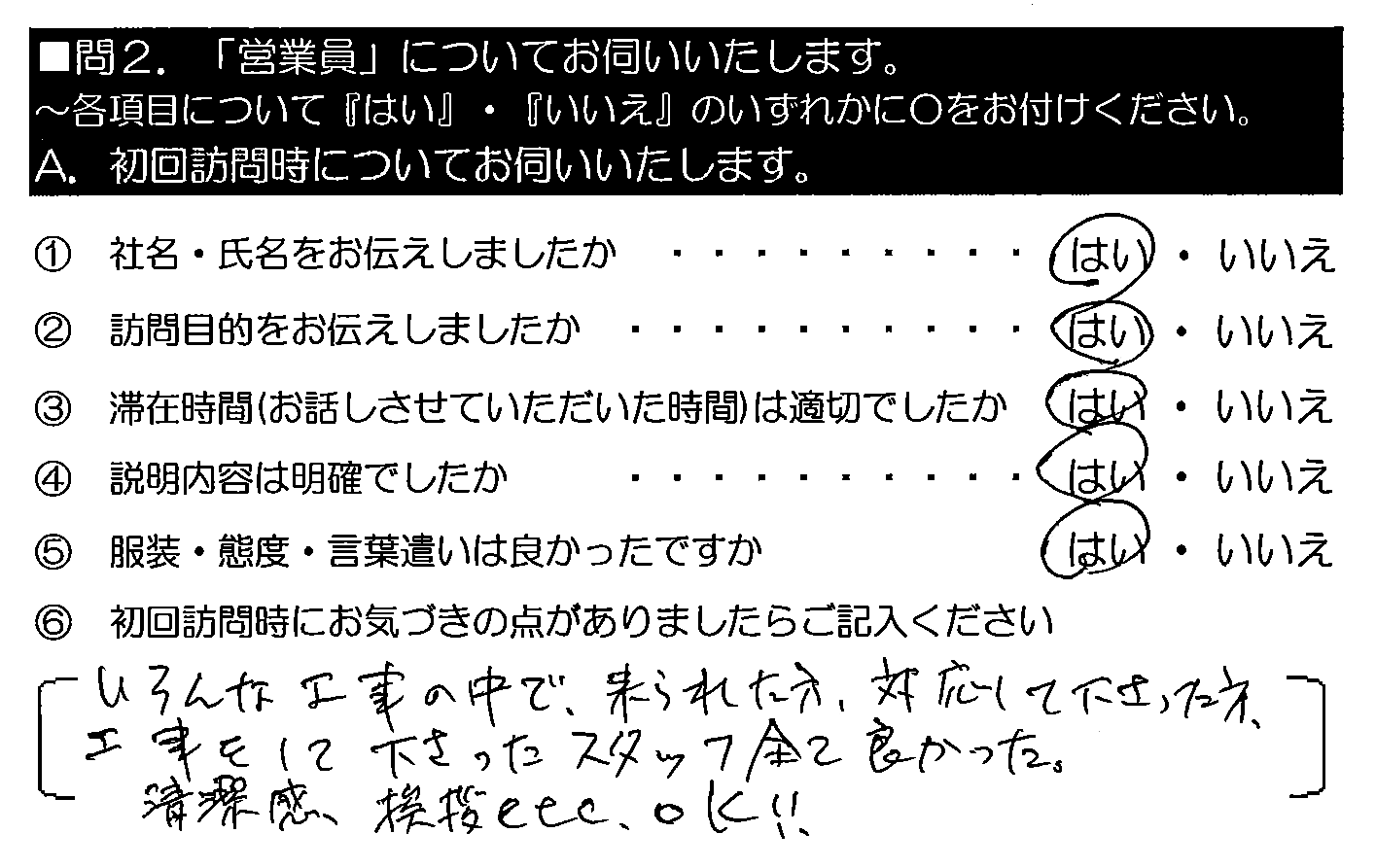 いろんな工事の中で、来られた方・対応して下さった方・工事をして下さったスタッフ全て良かった。清潔感・挨拶etc、OK！！