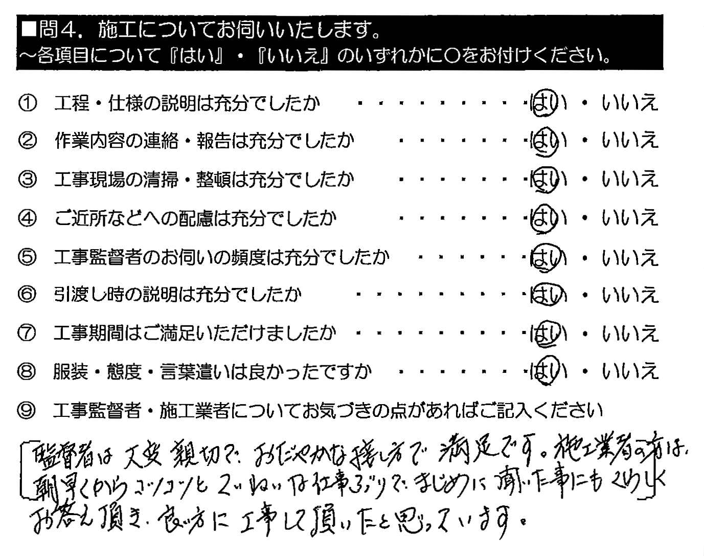 監督者は大変親切で、おだやかな接し方で満足です。施工業者の方は、朝早くからコツコツとていねいな仕事ぶりで、まじめに聞いた事にもくわしくお答え頂き、良い方に工事して頂いたと思っています。