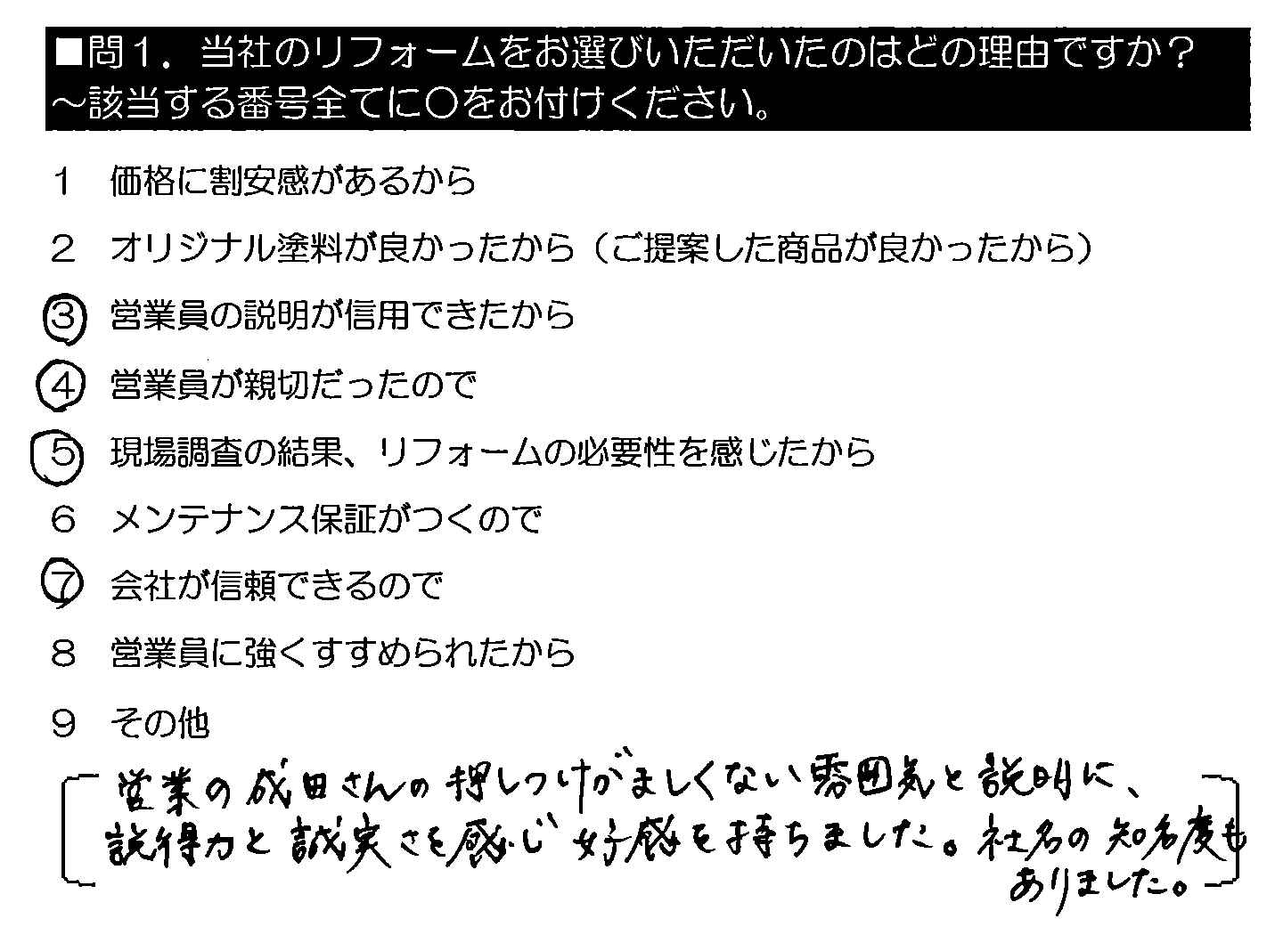 営業の成田さんの押しつけがましくない雰囲気と説明に、説得力と誠実さを感じ好感を持ちました。社名の知名度もありました。