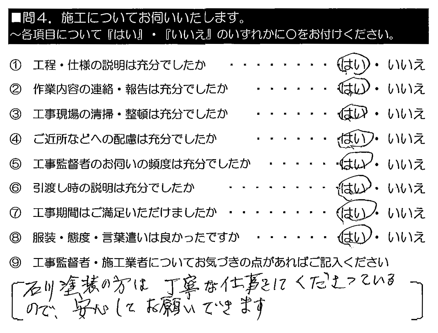 石川塗装の方は丁寧な仕事をしてくださっているので、安心してお願いできます。