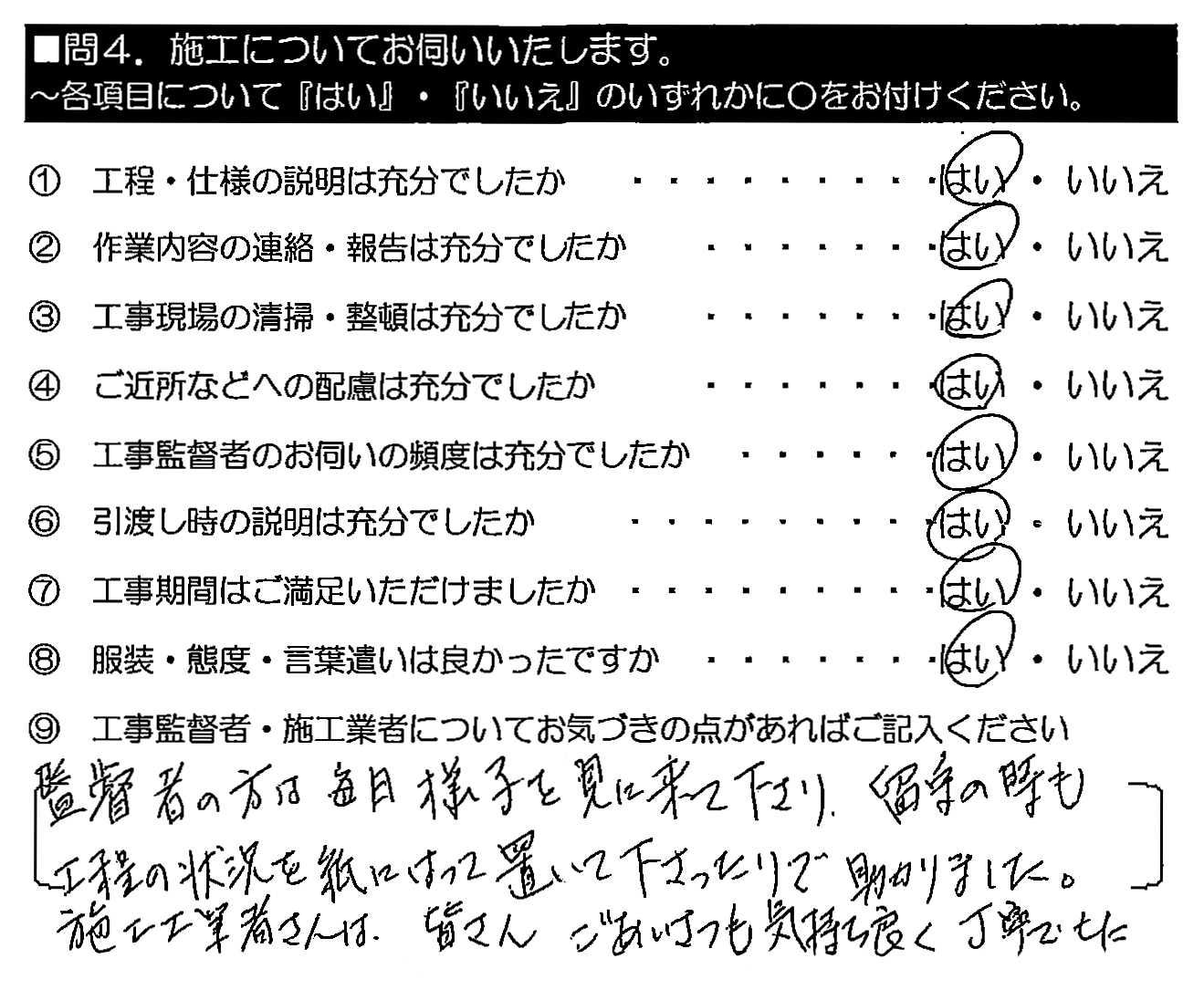 監督者の方は毎日様子を見に来て下さり、留守の時も工程の状況を紙にはって置いて下さったりで助かりました。施工業者さんは、皆さんごあいさつも気持ち良く 丁寧でした。