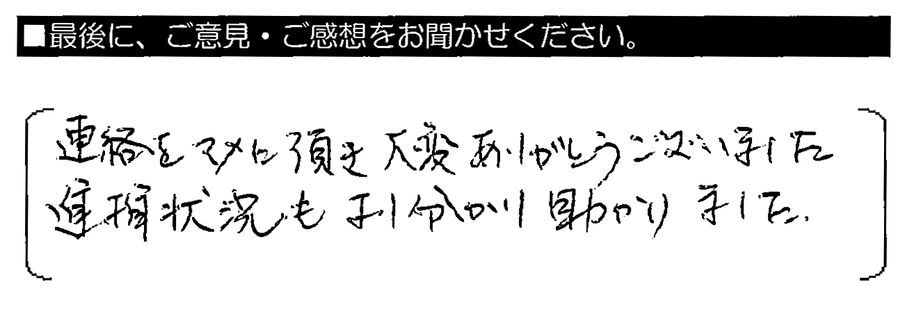 連絡をマメに頂き大変ありがとうございました。進捗状況もよく分かり助かりました。