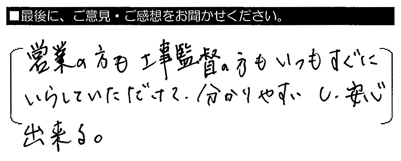 営業の方も工事監督の方もいつもすぐにいらしていただけて、分かりやすいし安心出来る。