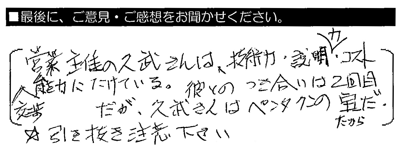 営業主任の久武さんは、技術力・説明力・コスト交渉能力にたけている。彼とのつき合いは2回目だが、久武さんはペンタくんの宝だ。☆引き抜き注意ください。