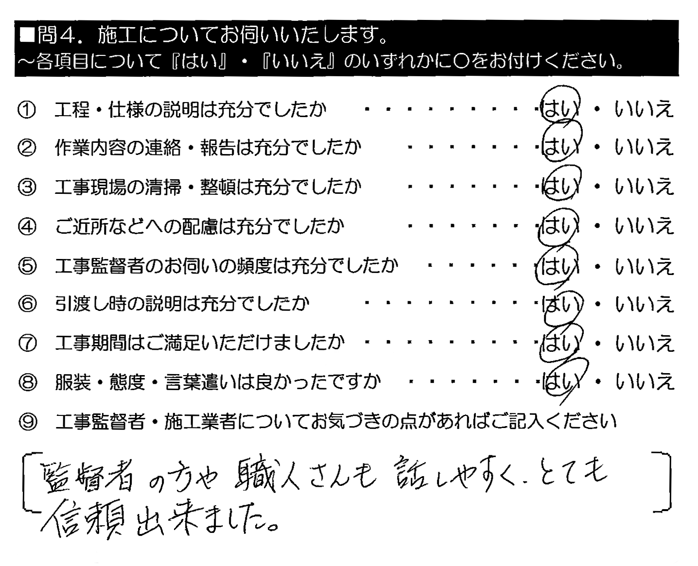 監督者の方や職人さんも話しやすく、とても信頼出来ました。