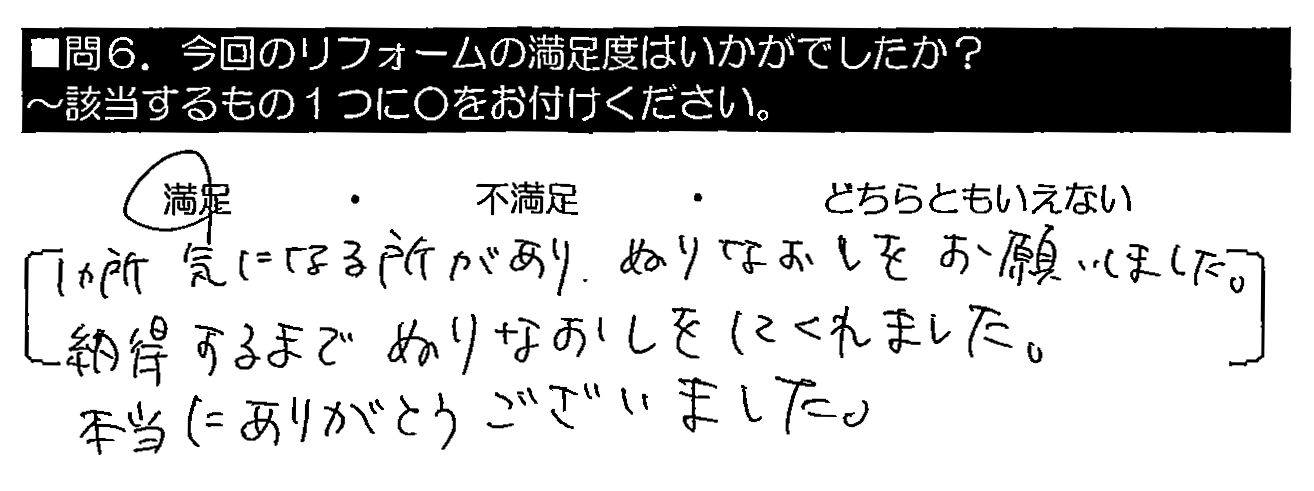 1ヶ所気になる所があり、ぬりなおしをお願いしました。納得するまでぬりなおしをしてくれました。本当にありがとうございました。