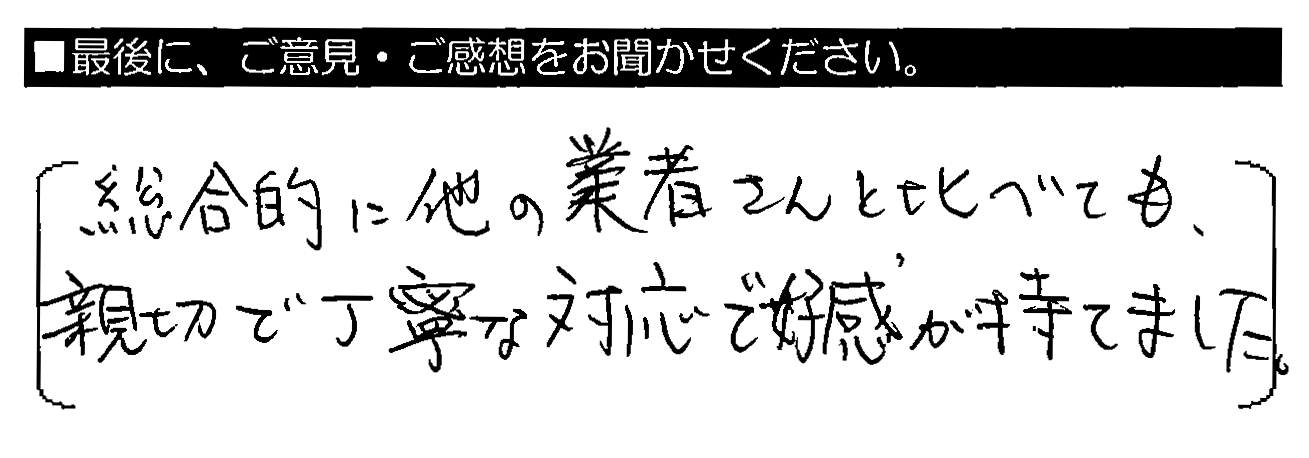 総合的に他の業者さんに比べても、親切で丁寧な対応で好感が持てました。