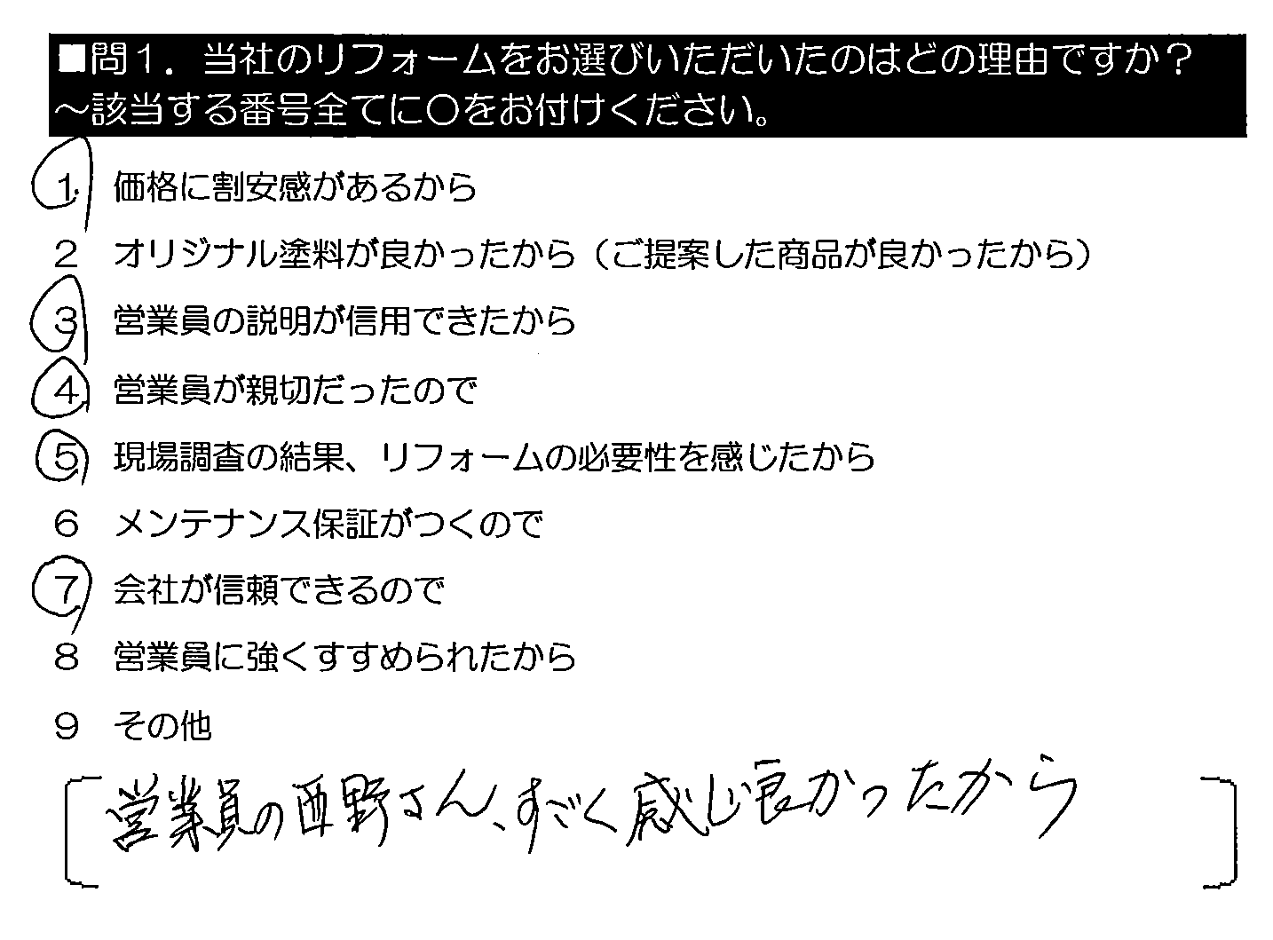 営業員の西野さん、すごく感じ良かったから。