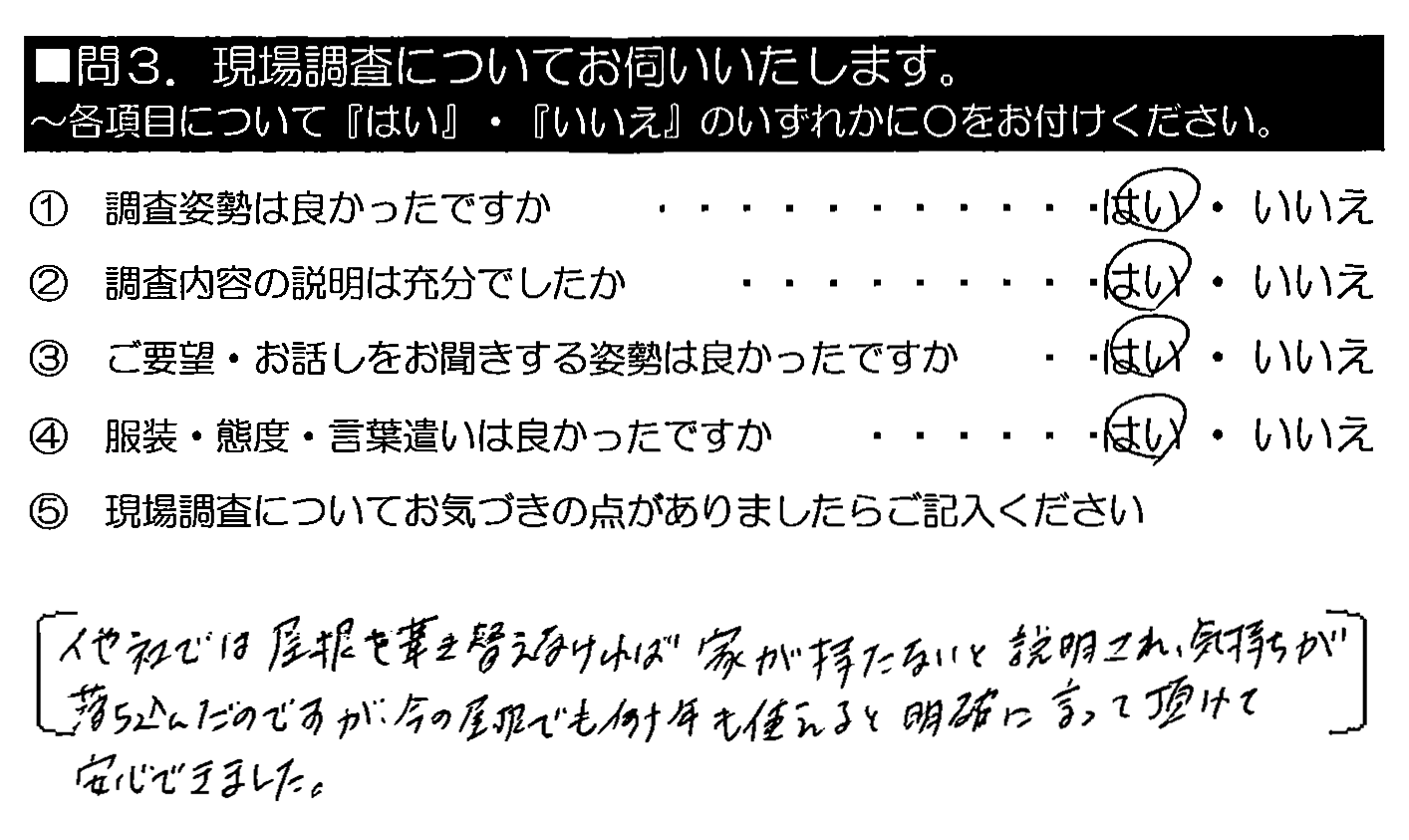 他社では屋根を葺き替えなければ家がもたないと説明され、気持ちが落ち込んだのですが、今の屋根でも何十年も使えると明確に言って頂けて安心できました。