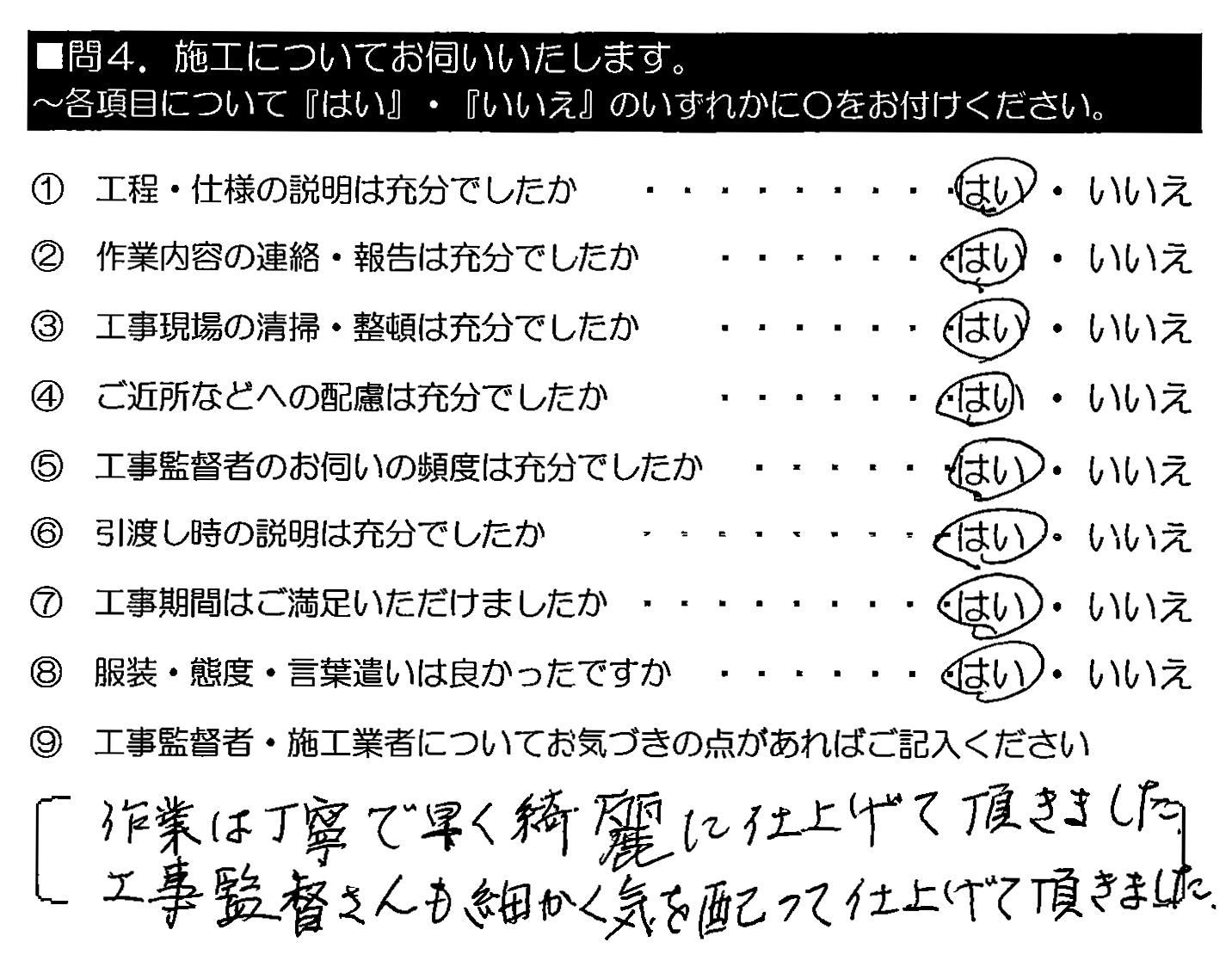 作業は丁寧で早く綺麗に仕上げて頂きました。工事監督さんも細かく気を配って仕上げて頂きました。