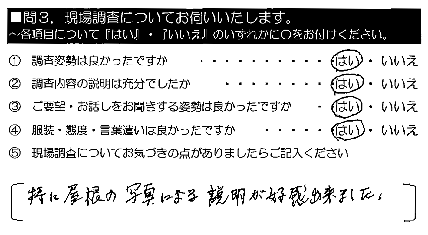 特に屋根の写真による説明が好感出来ました。