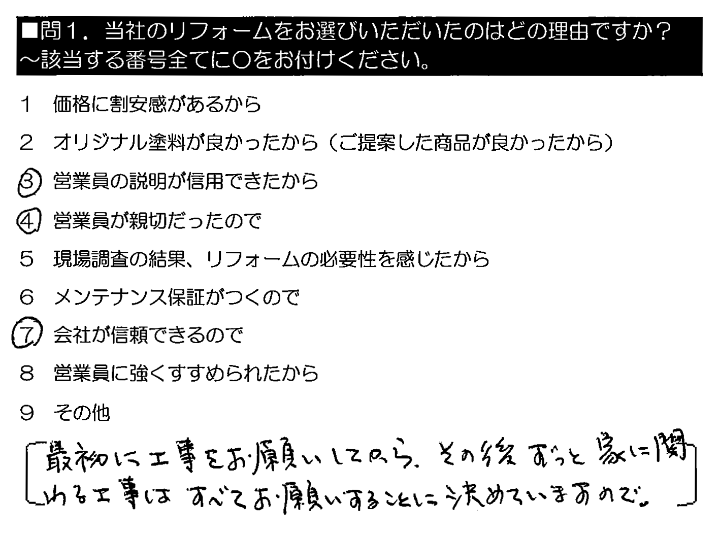 最初に工事をお願いしてから、その後ずっと家に関わる工事はすべてお願いすることに決めていますので。