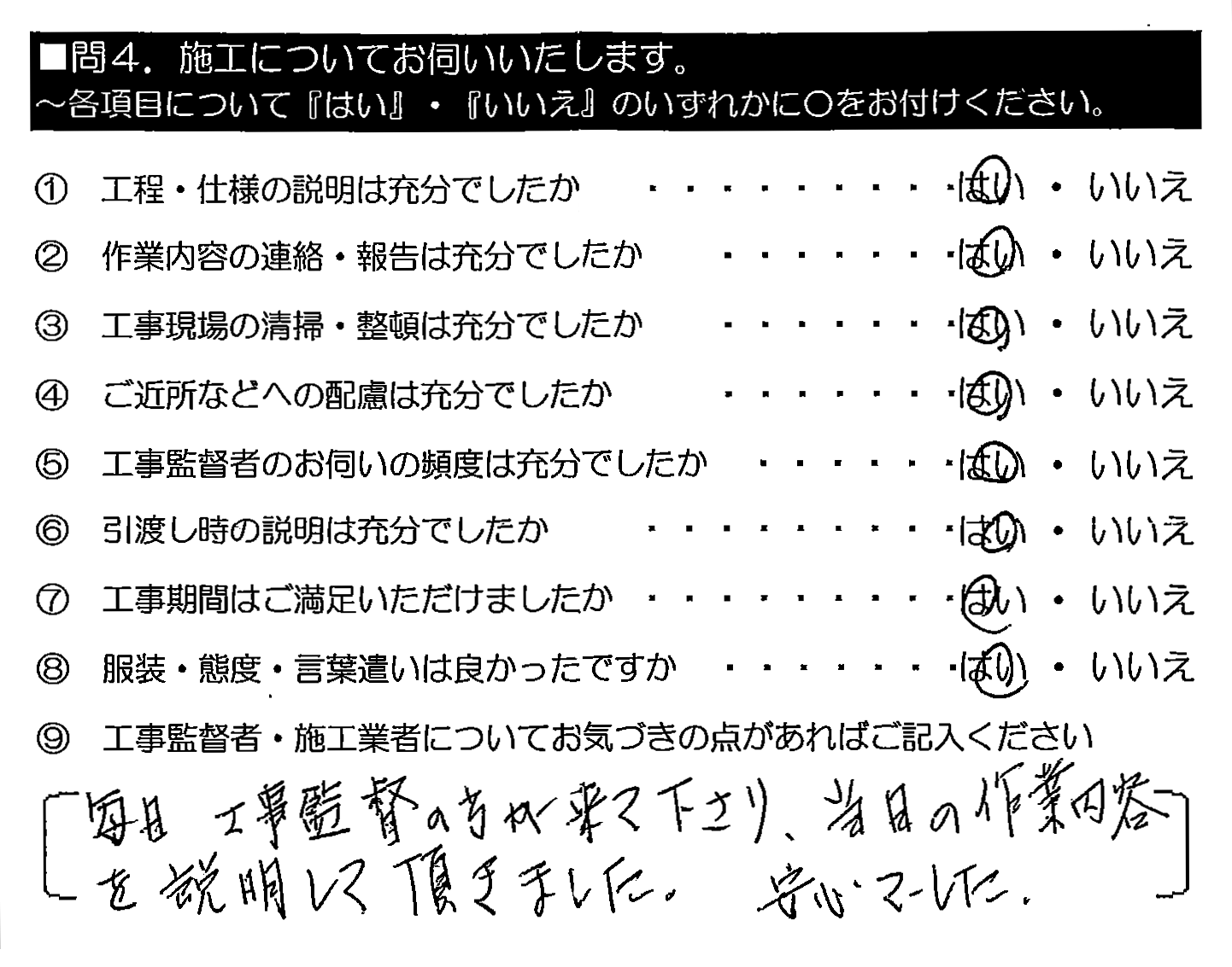 毎日工事監督の方が来て下さり、当日の作業内容を説明して頂きました。安心でした。