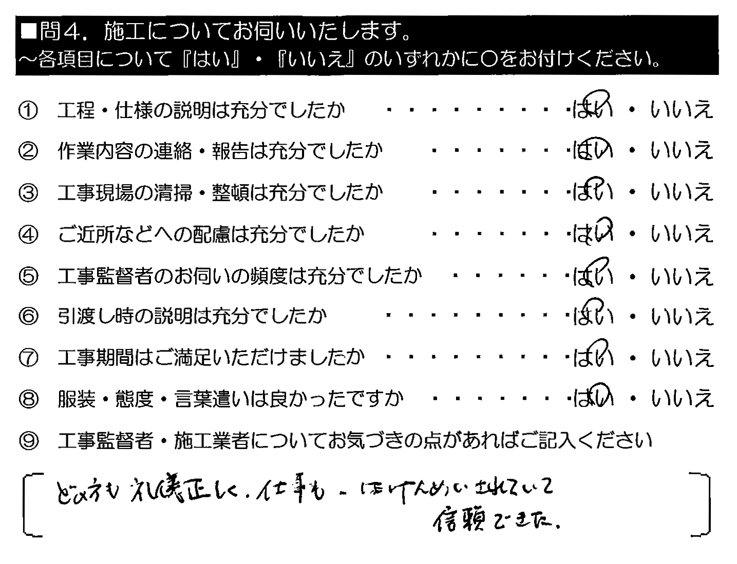 どの方も礼儀正しく、仕事も一生けんめいされていて信頼できた。