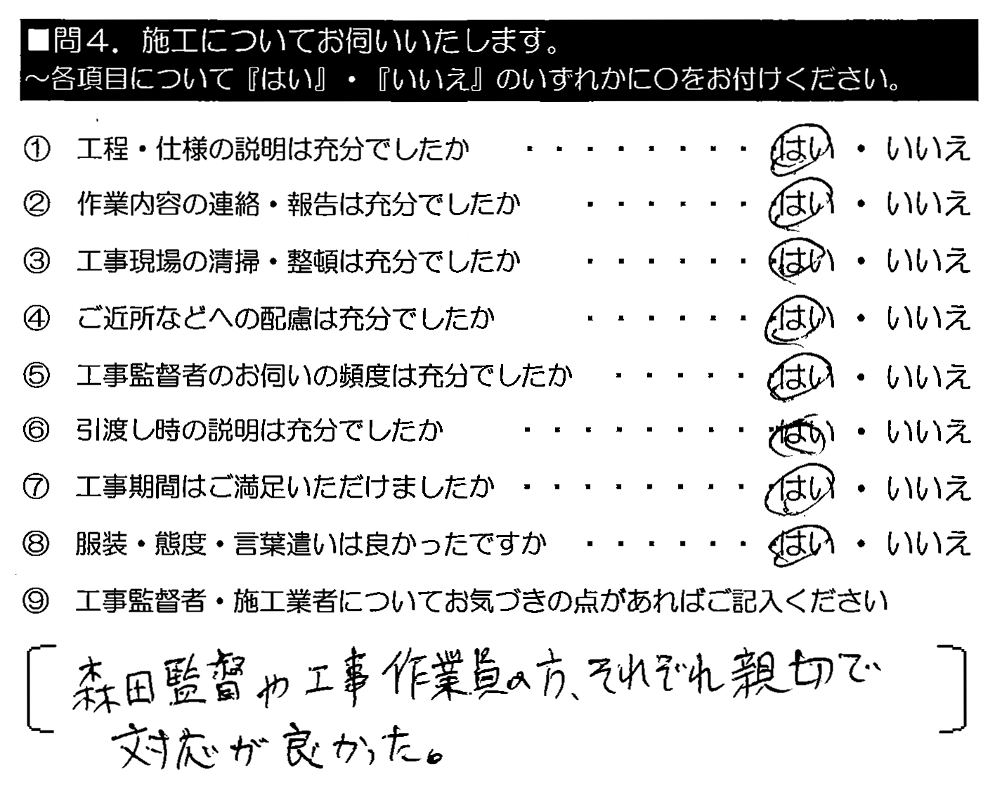 森田監督や工事作業員の方、それぞれ親切で対応が良かった。