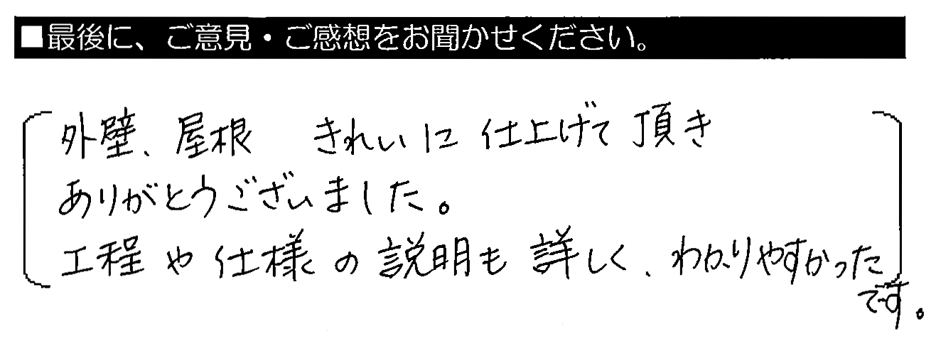 外壁・屋根きれいに仕上げて頂きありがとうございました。工程や仕様の説明も詳しく、わかりやすかったです。