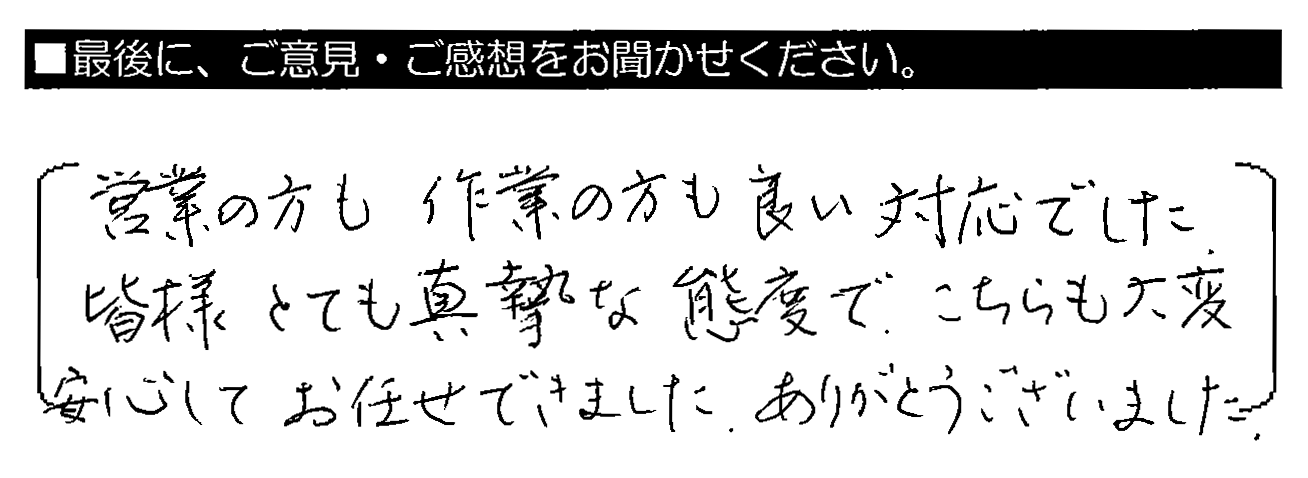 営業の方も作業の方も良い対応でした。皆様とても真摯な態度で、こちらも大変安心してお任せできました。ありがとうございました。