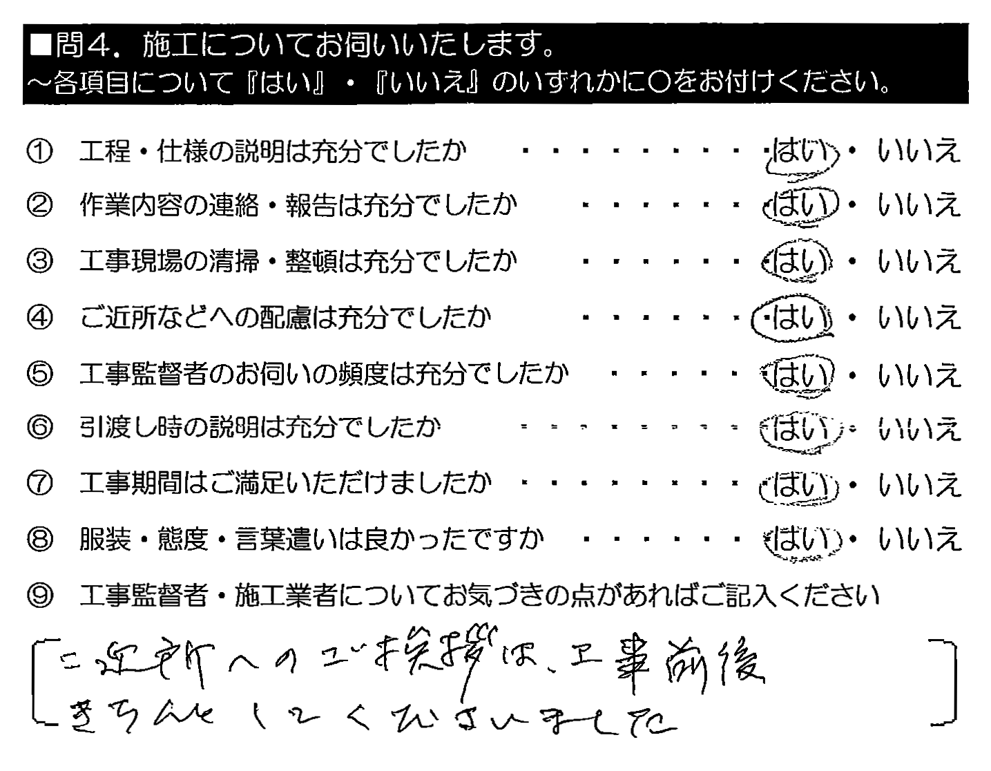 ご近所へのご挨拶は、工事前後きちんとしてくださいました。