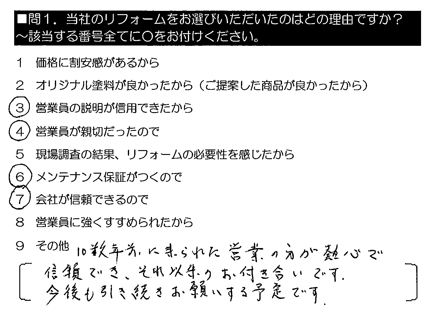 10数年前に来られた営業の方が熱心で信頼でき、それ以来のお付き合いです。今後も引き続きお願いする予定です。