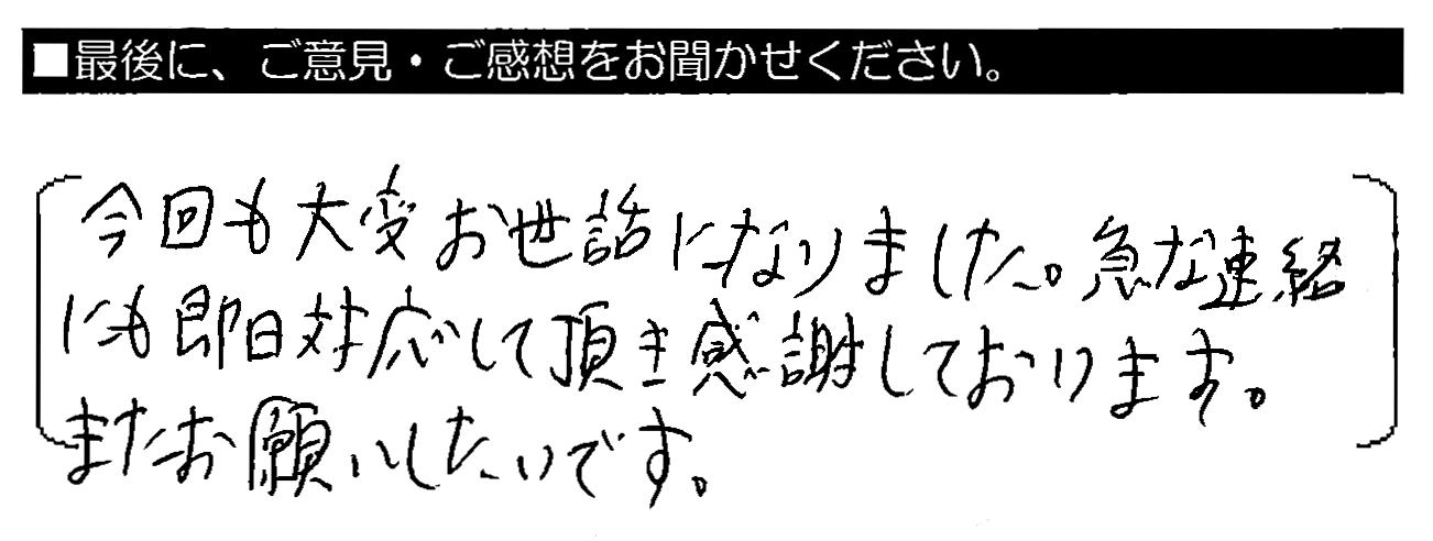 今回も大変お世話になりました。急な連絡にも即日対応して頂き感謝しております。またお願いしたいです。