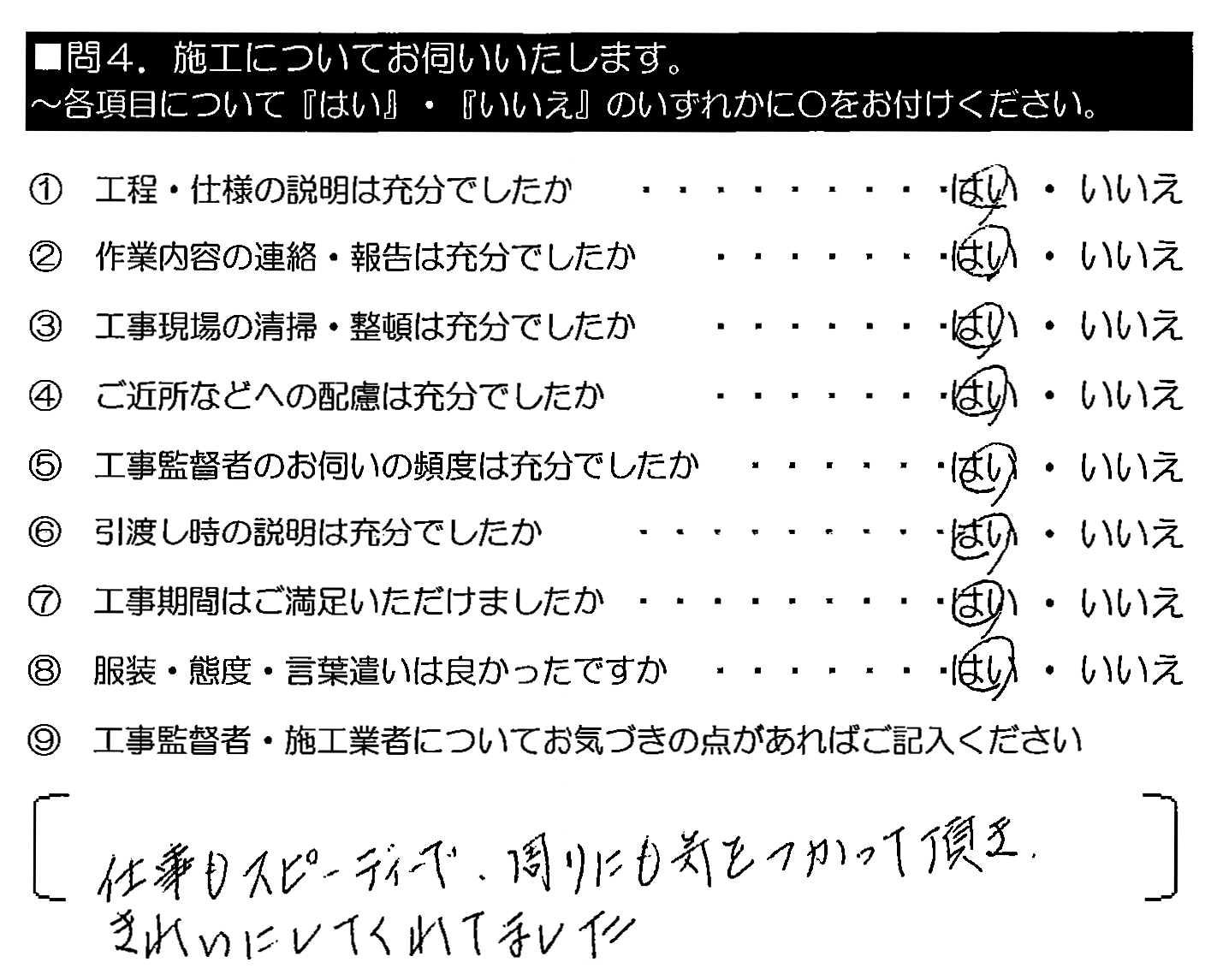 仕事もスピーディーで、周りにも気をつかって頂き、きれいにしてくれてました。