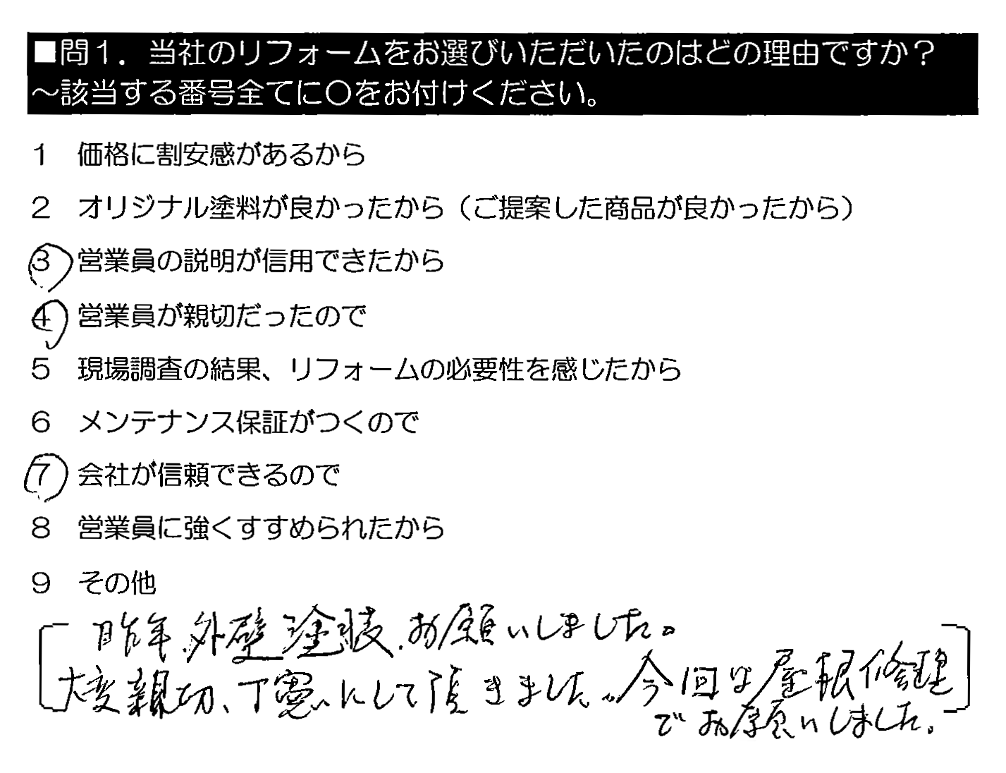 昨年、外壁塗装、お願いしました。大変親切・丁寧にして頂きました。今回は屋根修理でお願いしました。