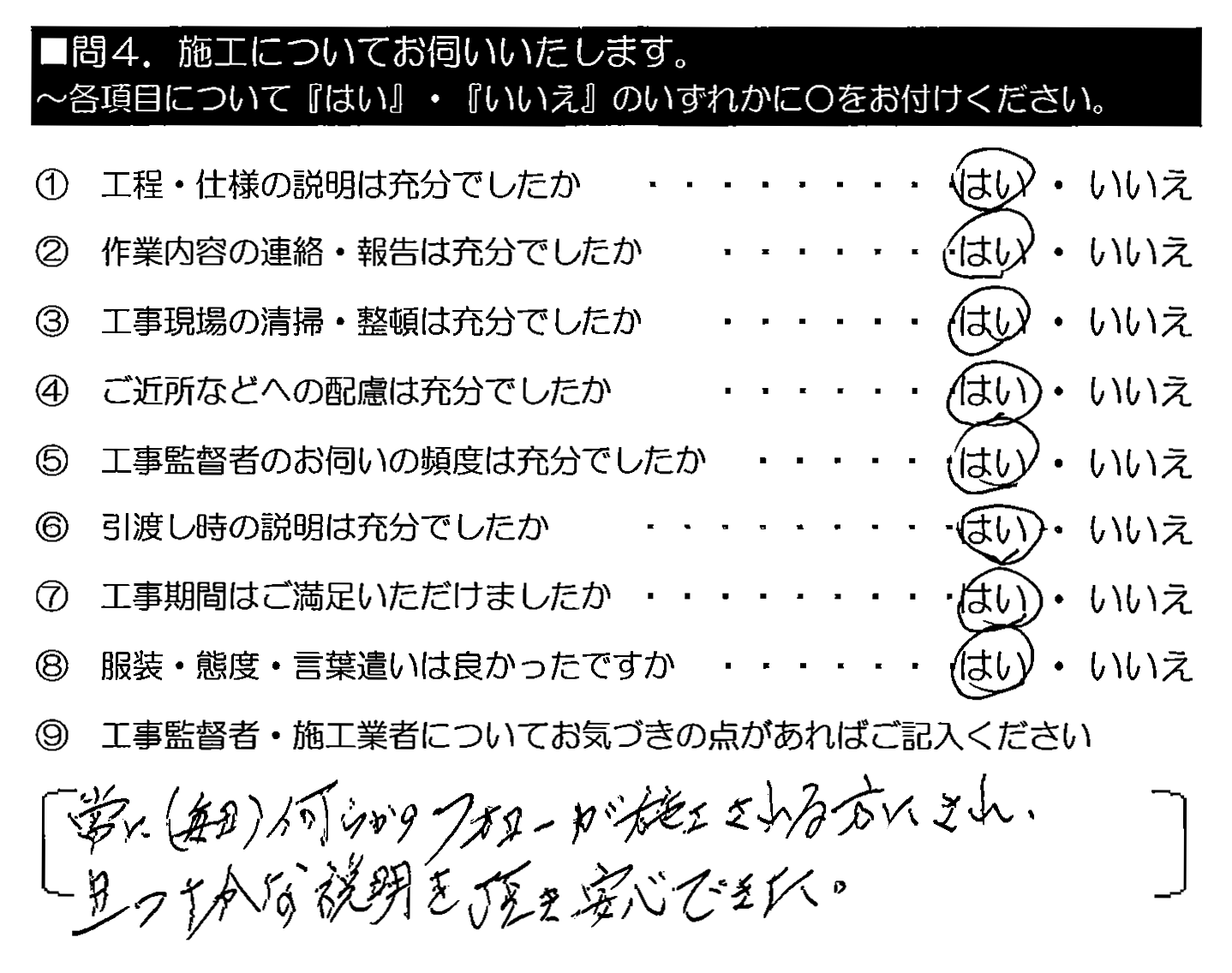 常に（毎日）何らかのフォローが施工される方にされ、且つ十分な説明を頂き安心できた。