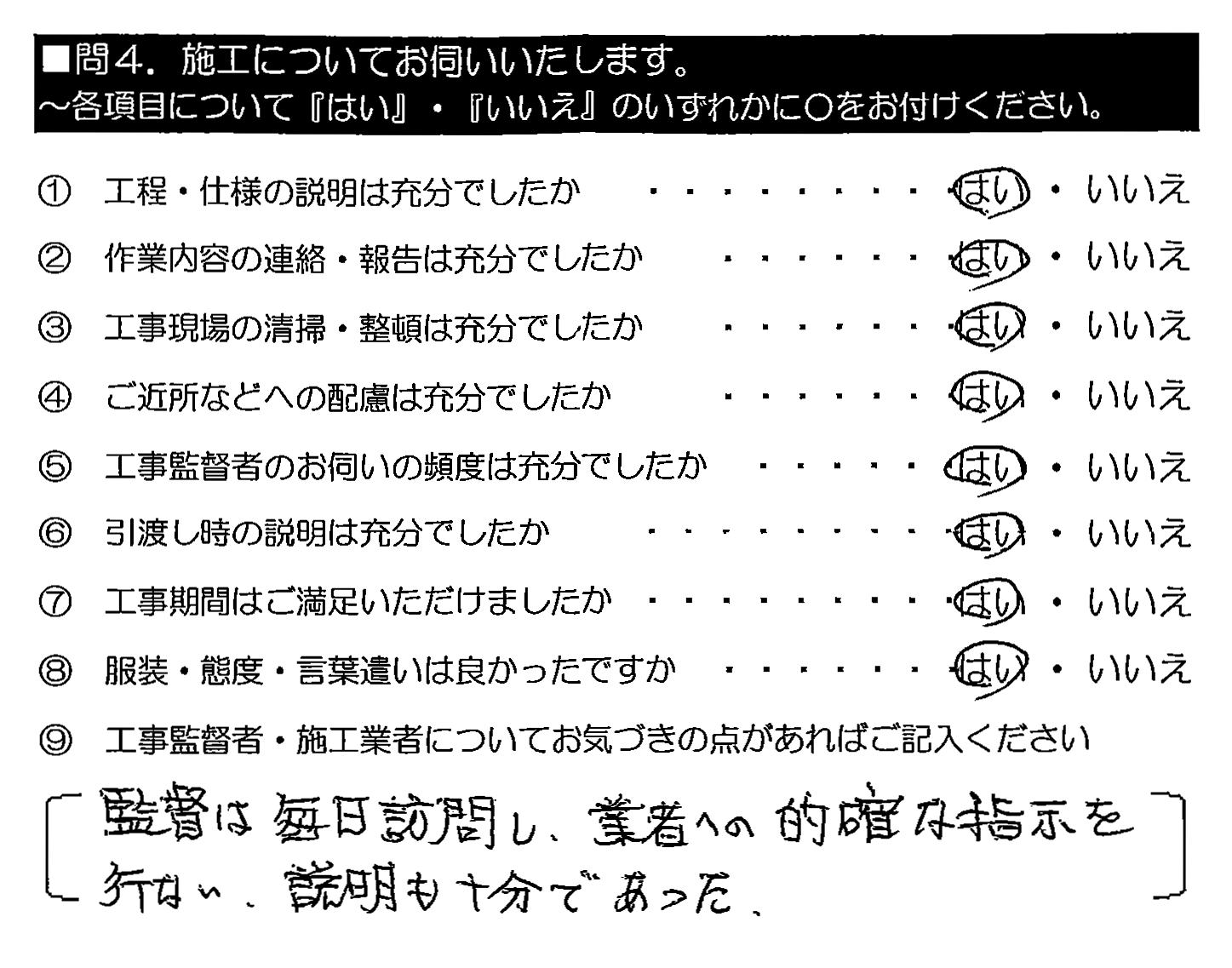 監督は毎日訪問し、業者への的確な指示を行い、説明も十分であった。