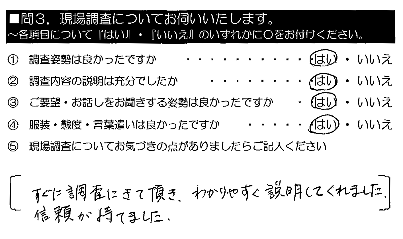 すぐに調査にきて頂き、わかりやすく説明してくれました。信頼が持てました。