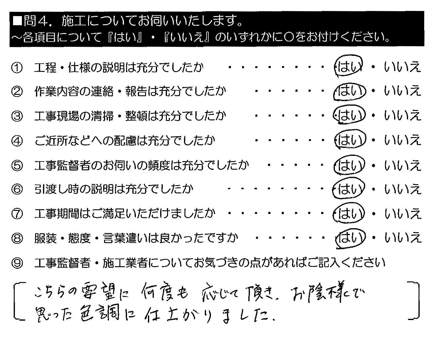 こちらの要望に何度も応じて頂き、お陰様で思った色調に仕上がりました。