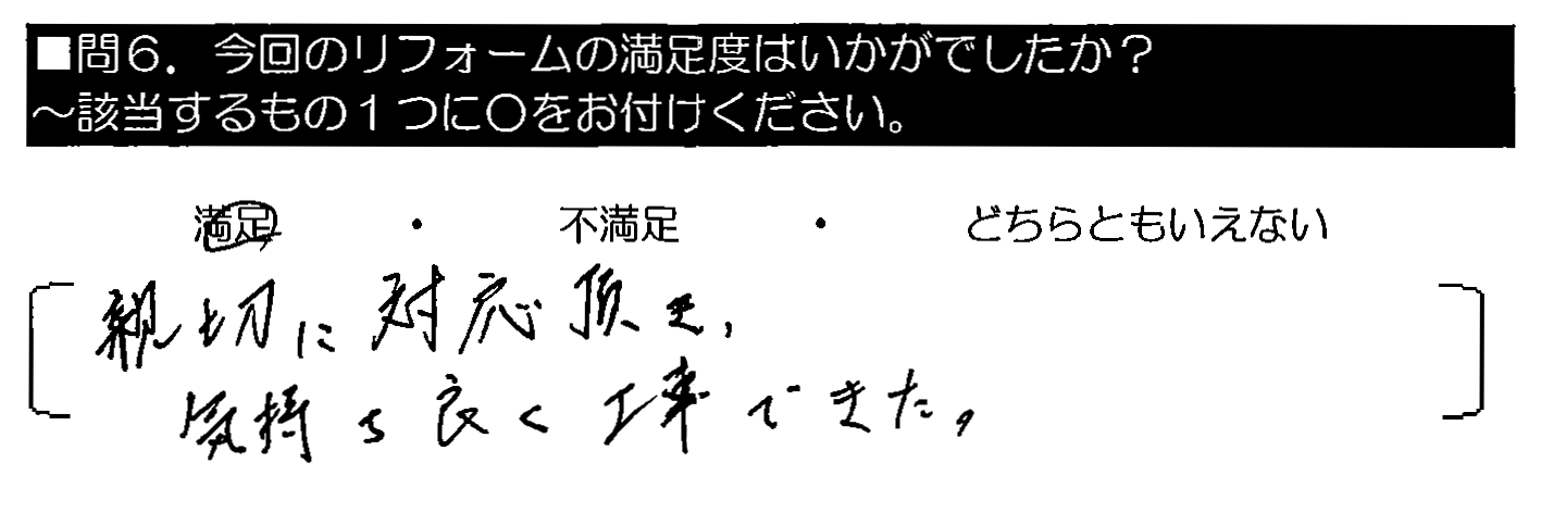 親切に対応頂き、気持ち良く工事できた。