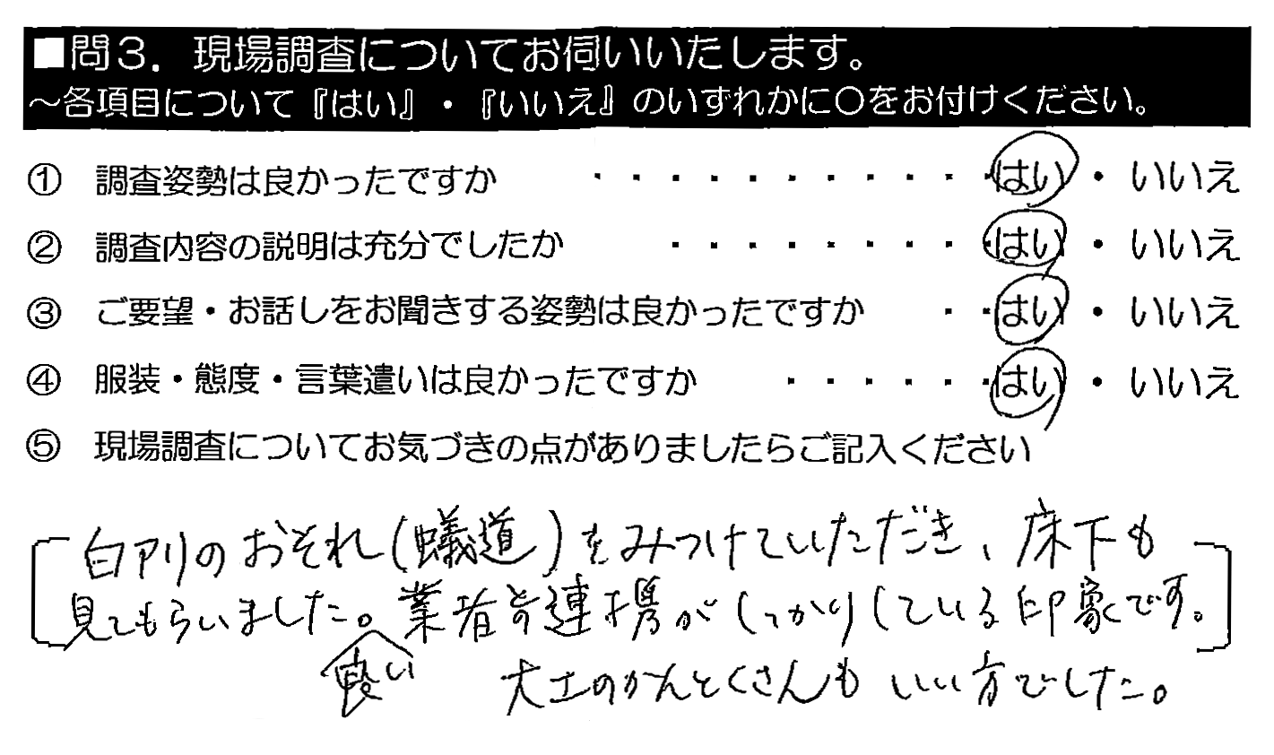 白アリのおそれ（蟻道）をみつけていただき、床下も見てもらいました。良い業者との連携がしっかりしている印象です。大工のかんとくさんもいい方でした。